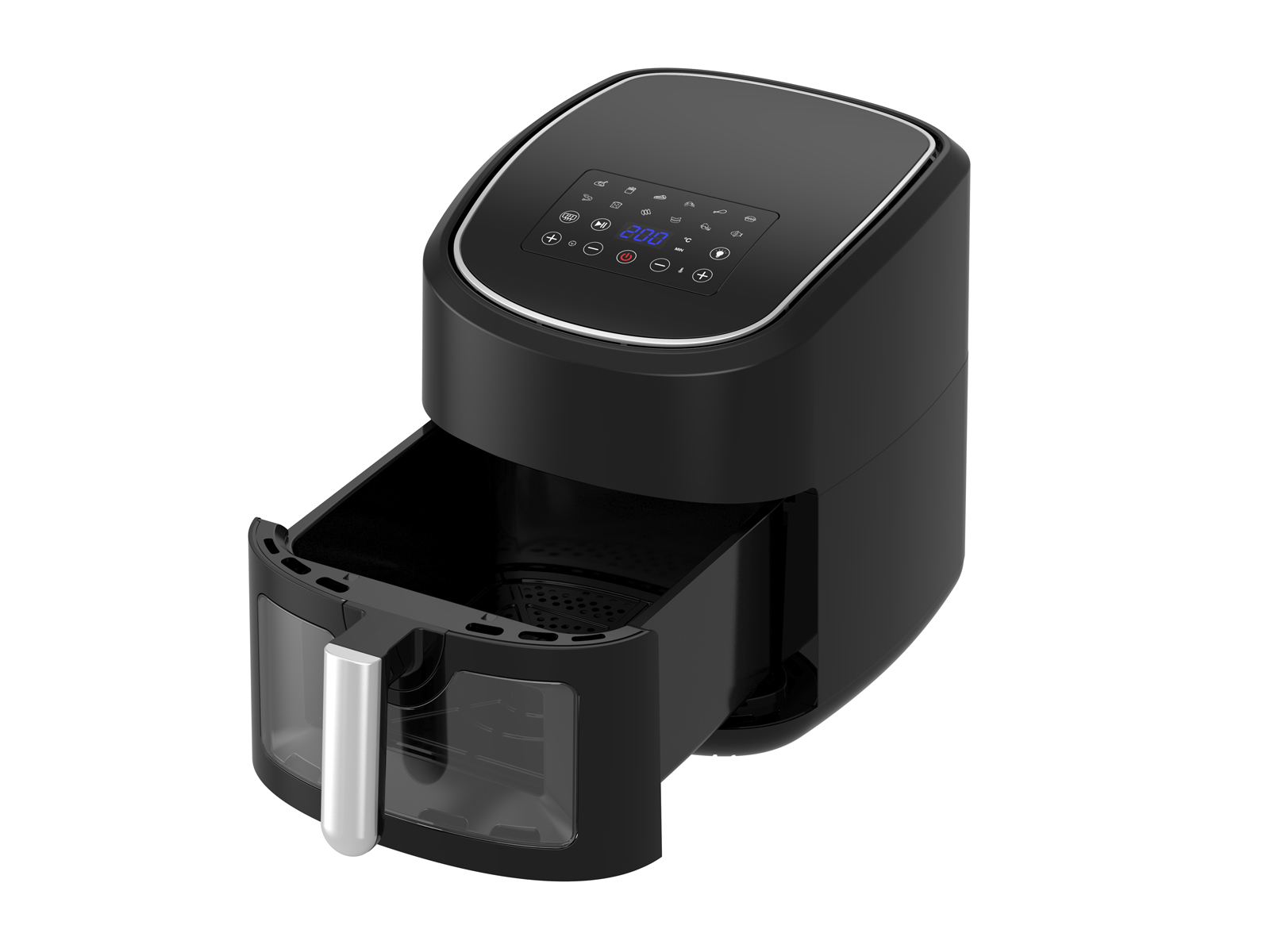 Czarna frytkownica powietrzna z otwartą szufladą, pokazująca wnętrze, na białym tle.