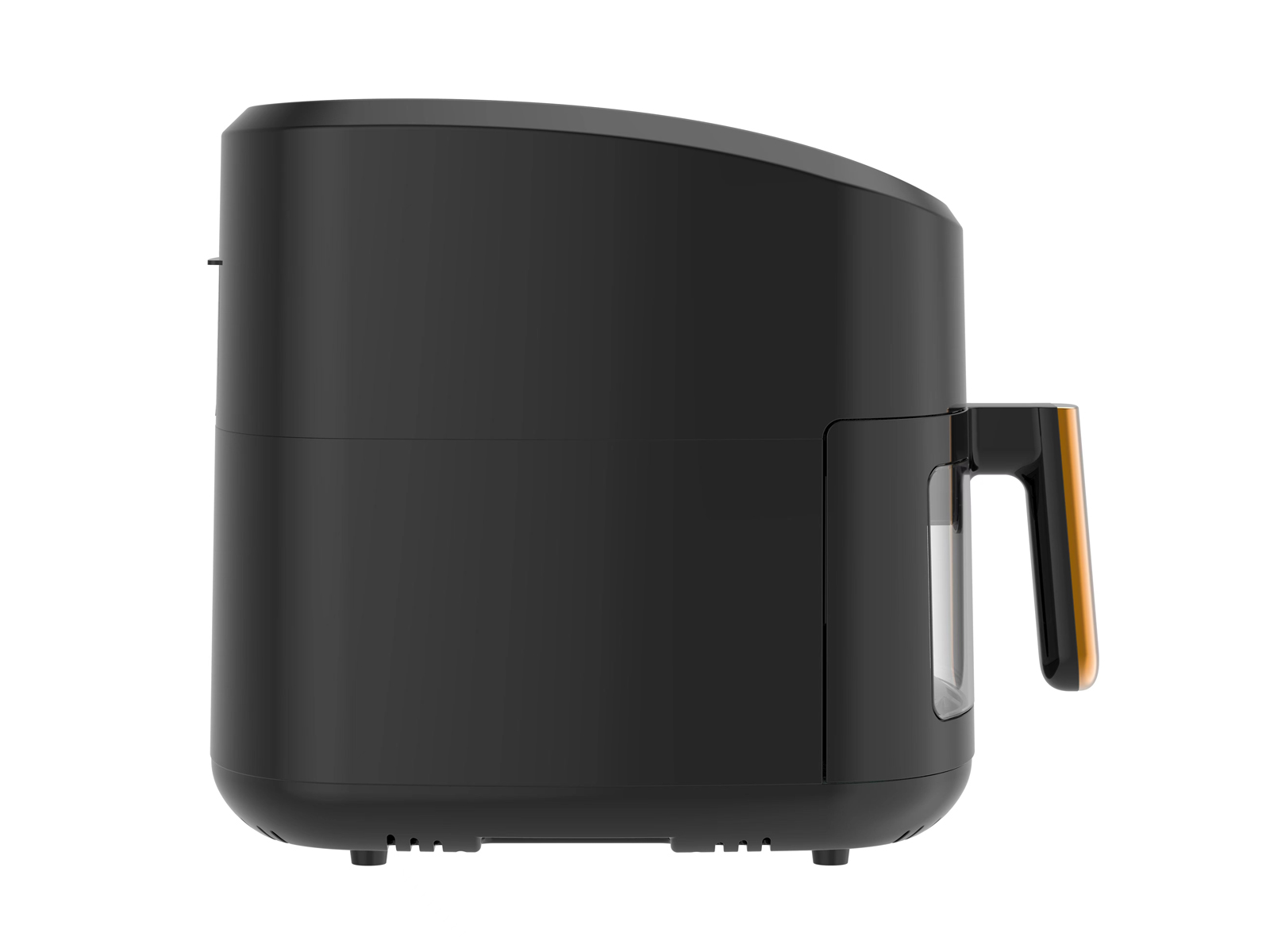 Czarna frytkownica powietrzna z uchwytem po prawej stronie i przezroczystym oknem.