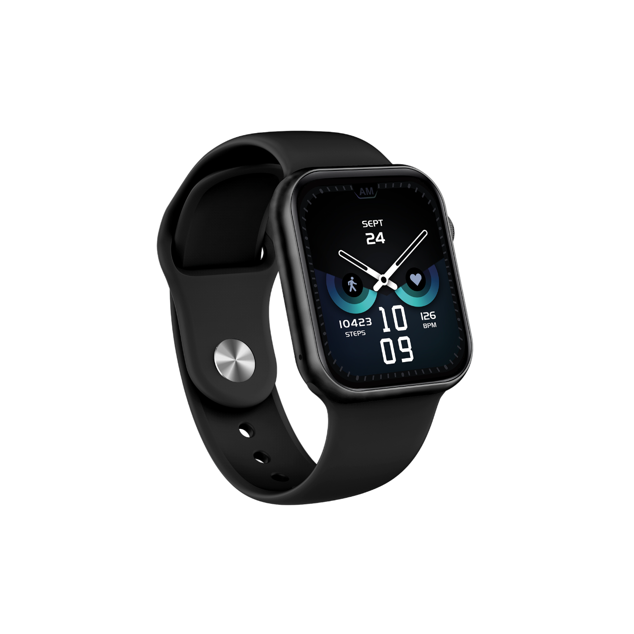 Schwarze Smartwatch mit quadratischem Zifferblatt und schwarzem Armband. Das Display zeigt Uhrzeit.