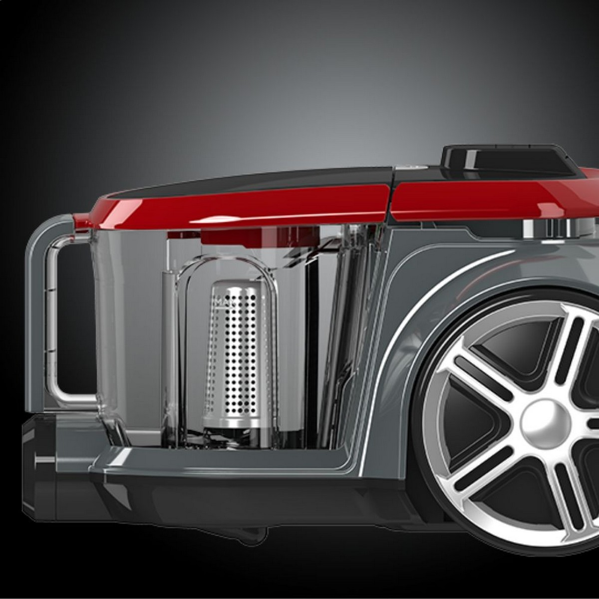 Stofzuiger. Rood bovenstuk, transparante stofcontainer, grijze behuizing, zilveren wielen.