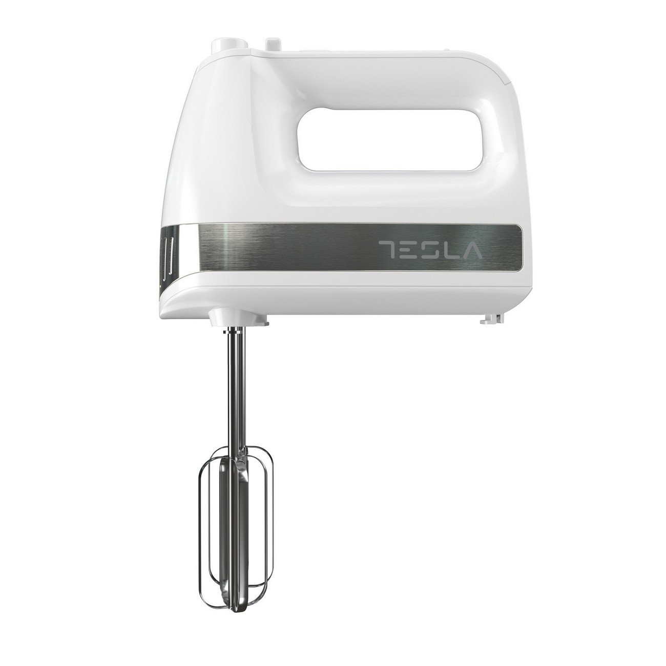 Batidora de mano blanca con la marca Tesla y un accesorio de batidor de acero inoxidable.