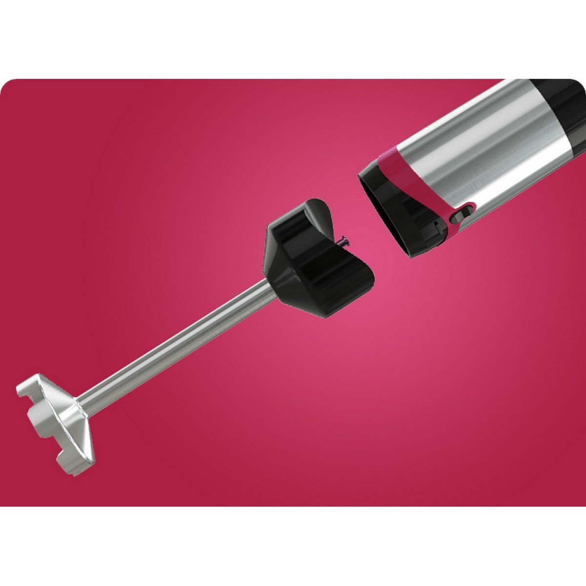 Blender zanurzeniowy z oddzielonymi częściami na czerwonym tle. Uchwyt jest czarny i srebrny.