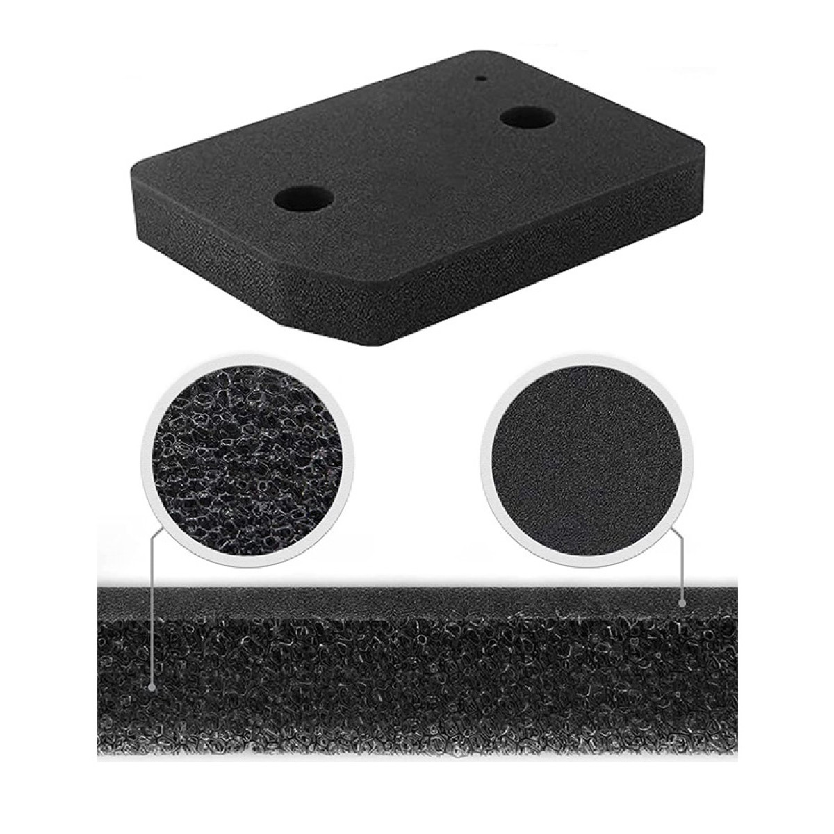 Czarny, prostokątny kawałek pianki z dwoma otworami jest pokazany z bliska na sekcjach pianki.