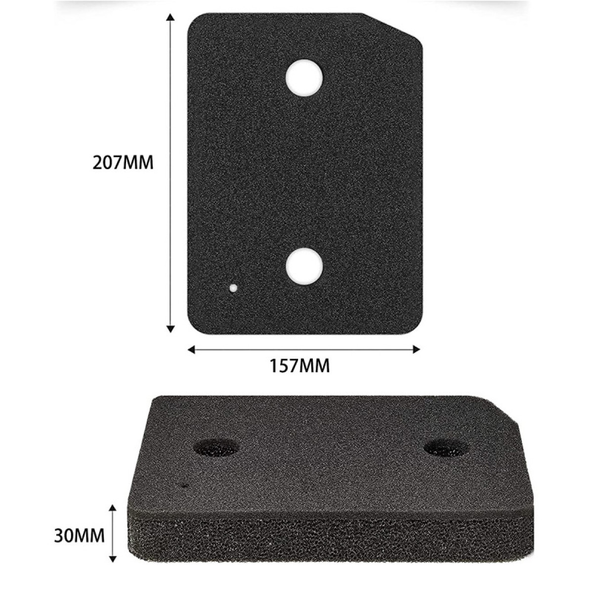 Dwa czarne kawałki pianki z wymiarami: 207 mm x 157 mm, grubość 30 mm. W każdym są dwa otwory.