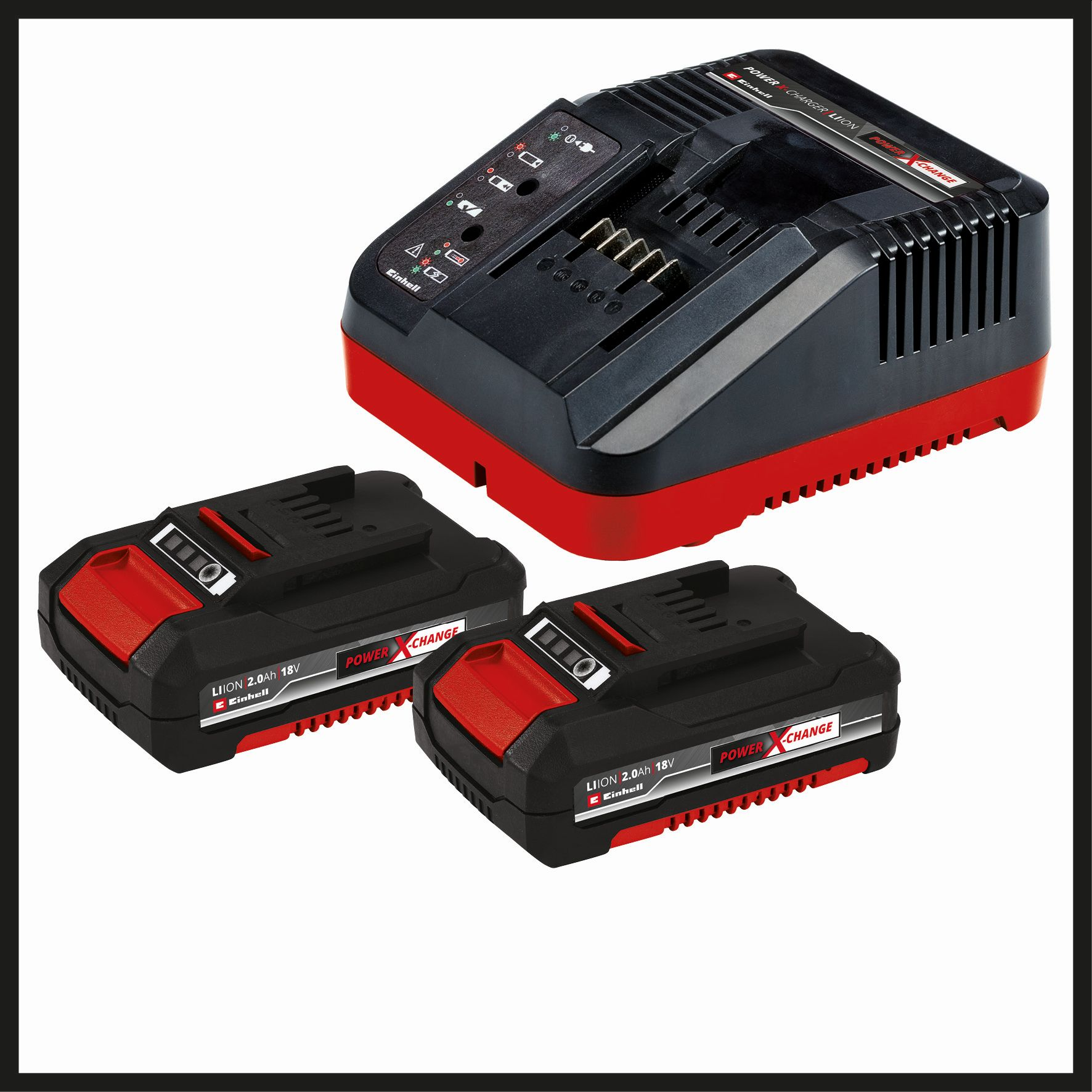 Czarno-czerwona ładowarka do baterii i dwa czarno-czerwone akumulatory.