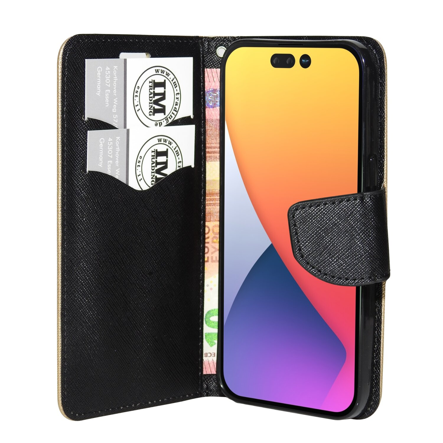 Ein Telefon in einer Brieftasche, geöffnet mit Karten und Geld im Inneren.