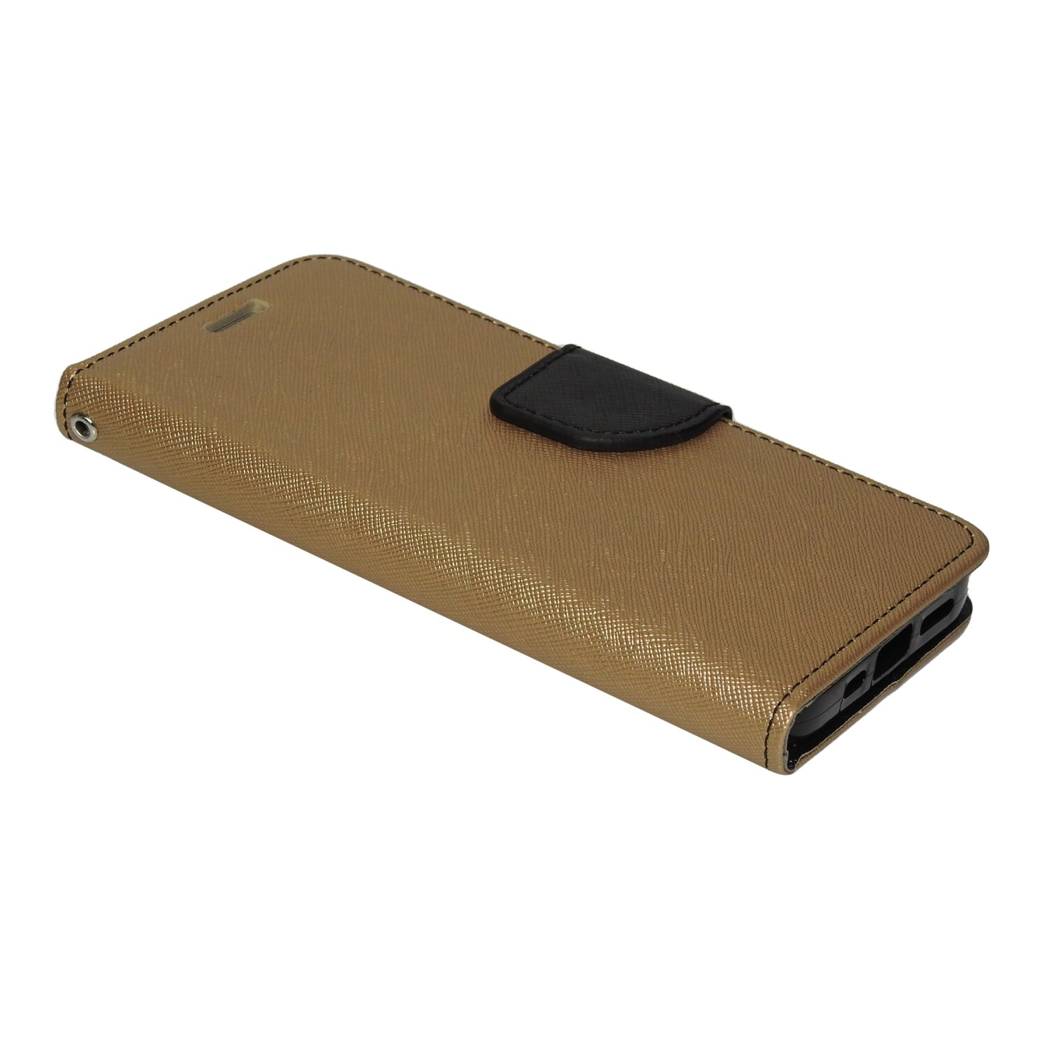 Goldenes Telefoncase mit schwarzem Magnetverschluss. Die Hülle ist geschlossen.