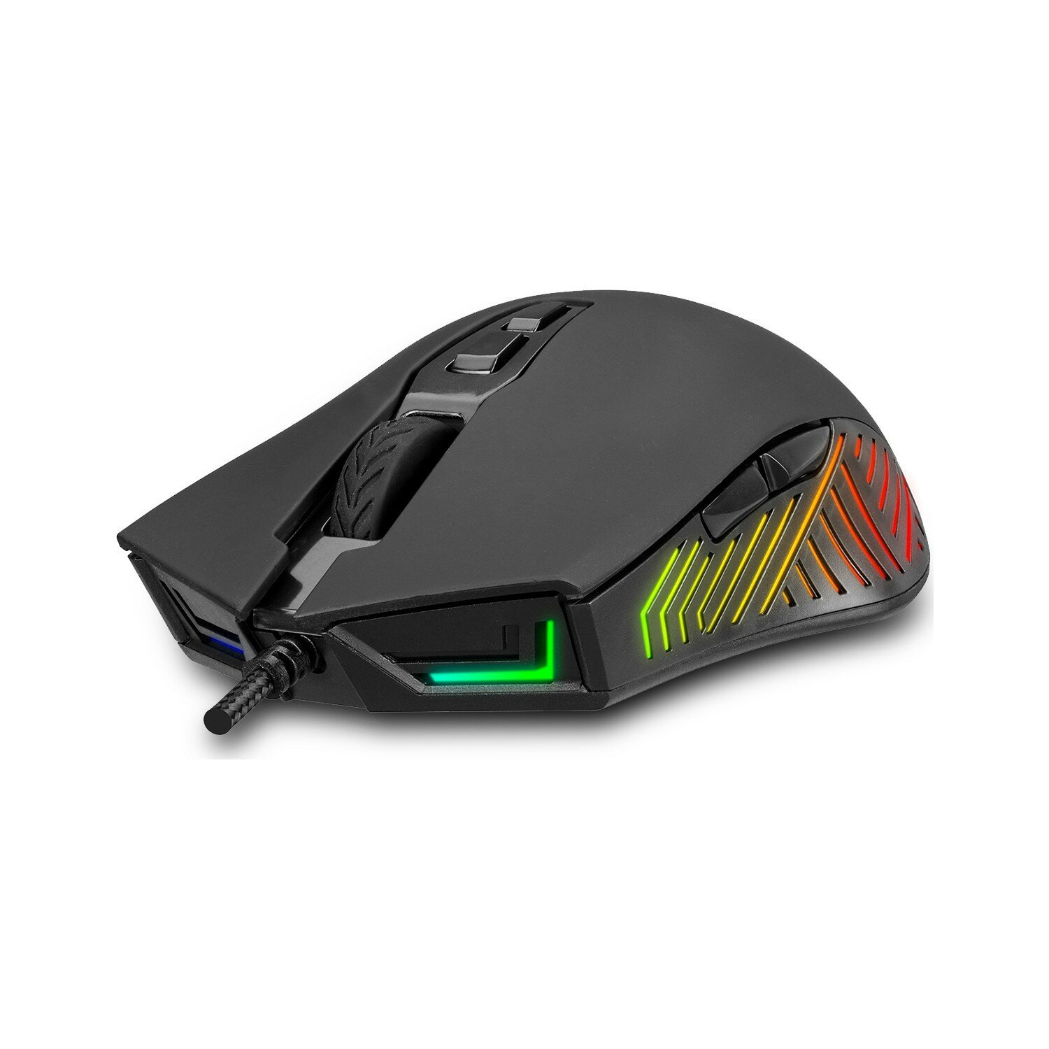 Gaming-Maus mit RGB-Beleuchtung. Sie hat einen schwarzen Körper und ein Kabel.
