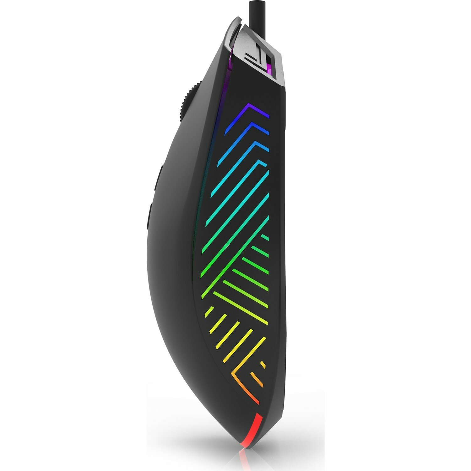 Eine schwarze Gaming-Maus mit farbigen, beleuchteten Seitenakzenten.