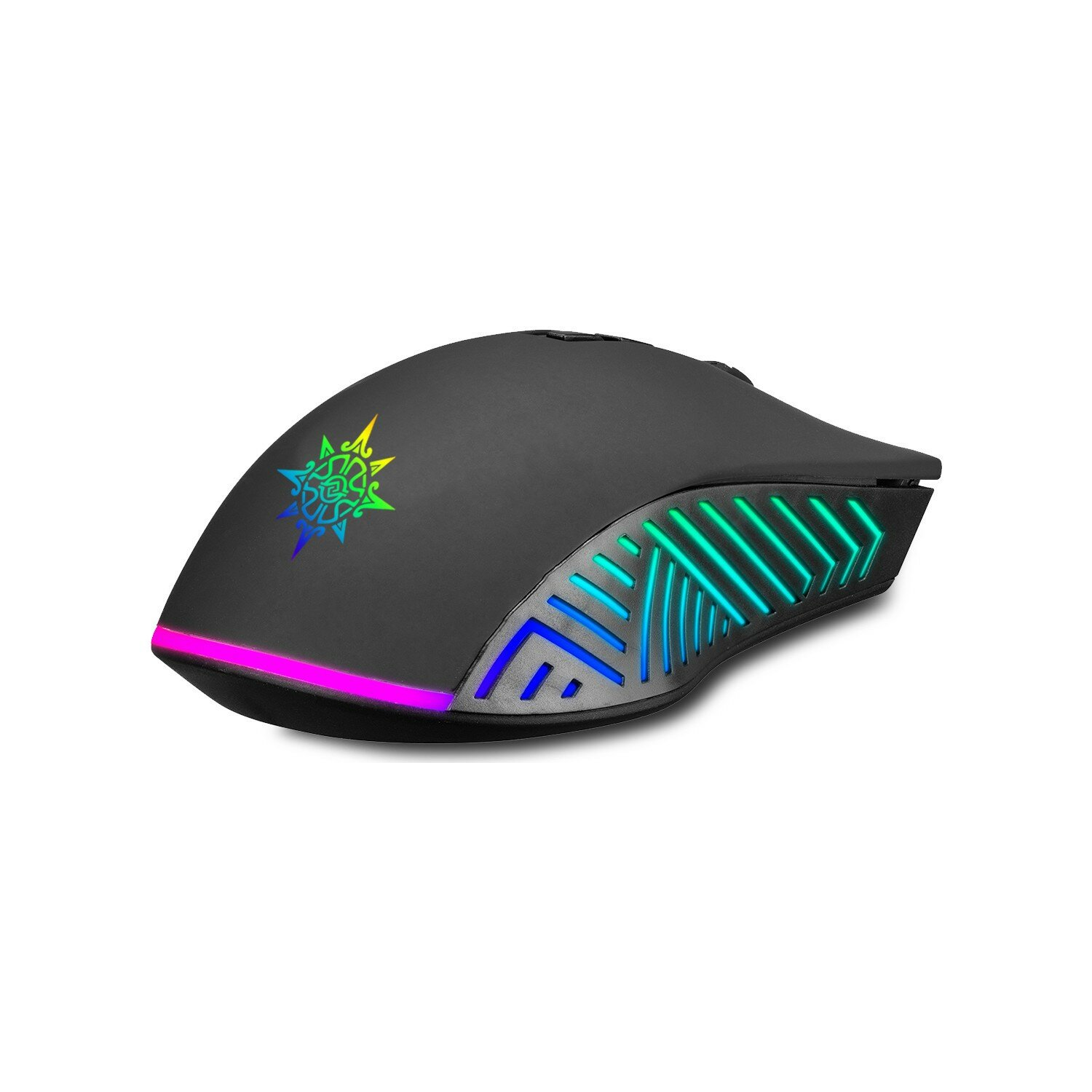 Schwarze Gaming-Maus mit bunten LED-Leuchten an der Seite und einem Logo oben. Der Hintergrund ist weiß.