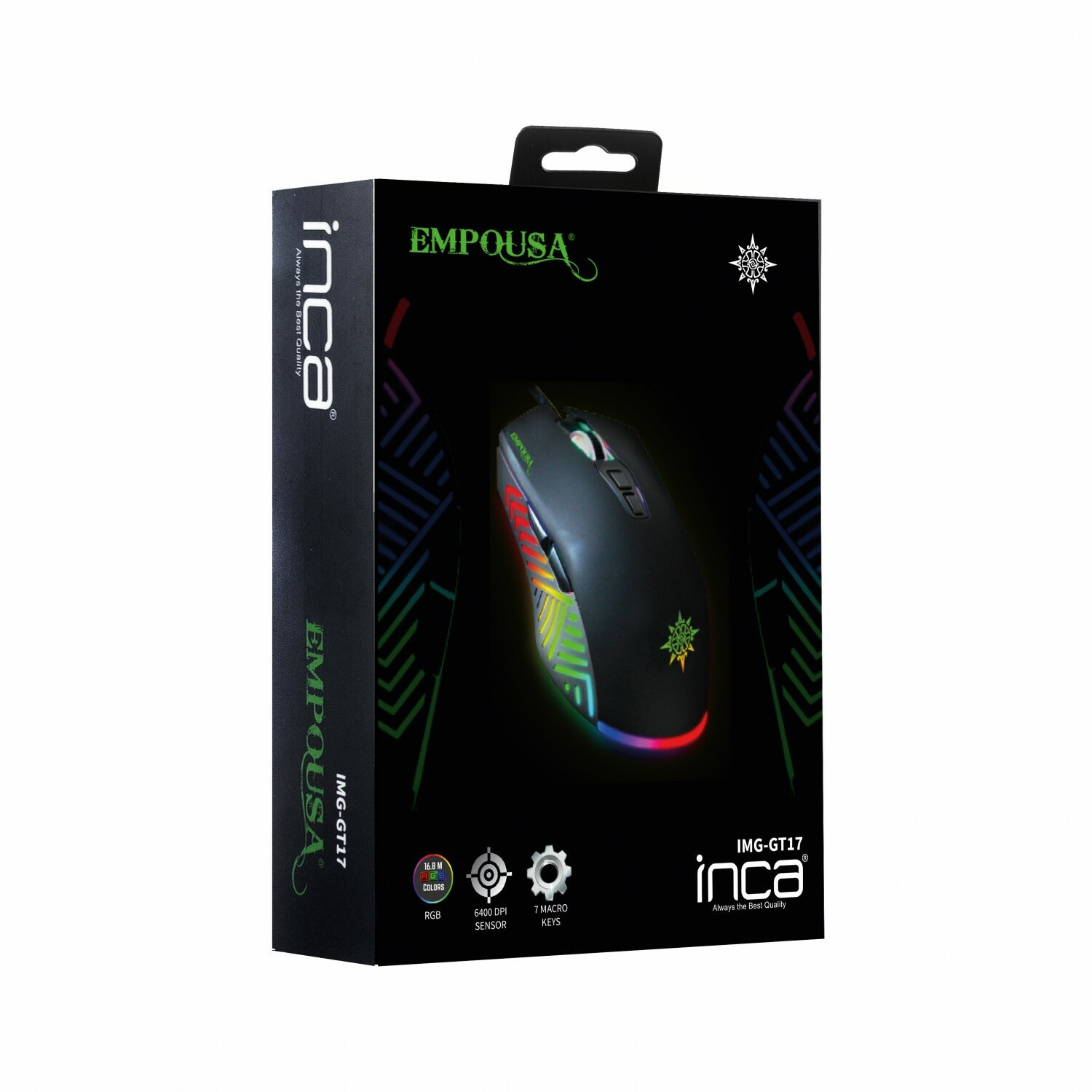 Schwarze und farbenfrohe Gaming-Maus in einer Box, Produktaufnahme.