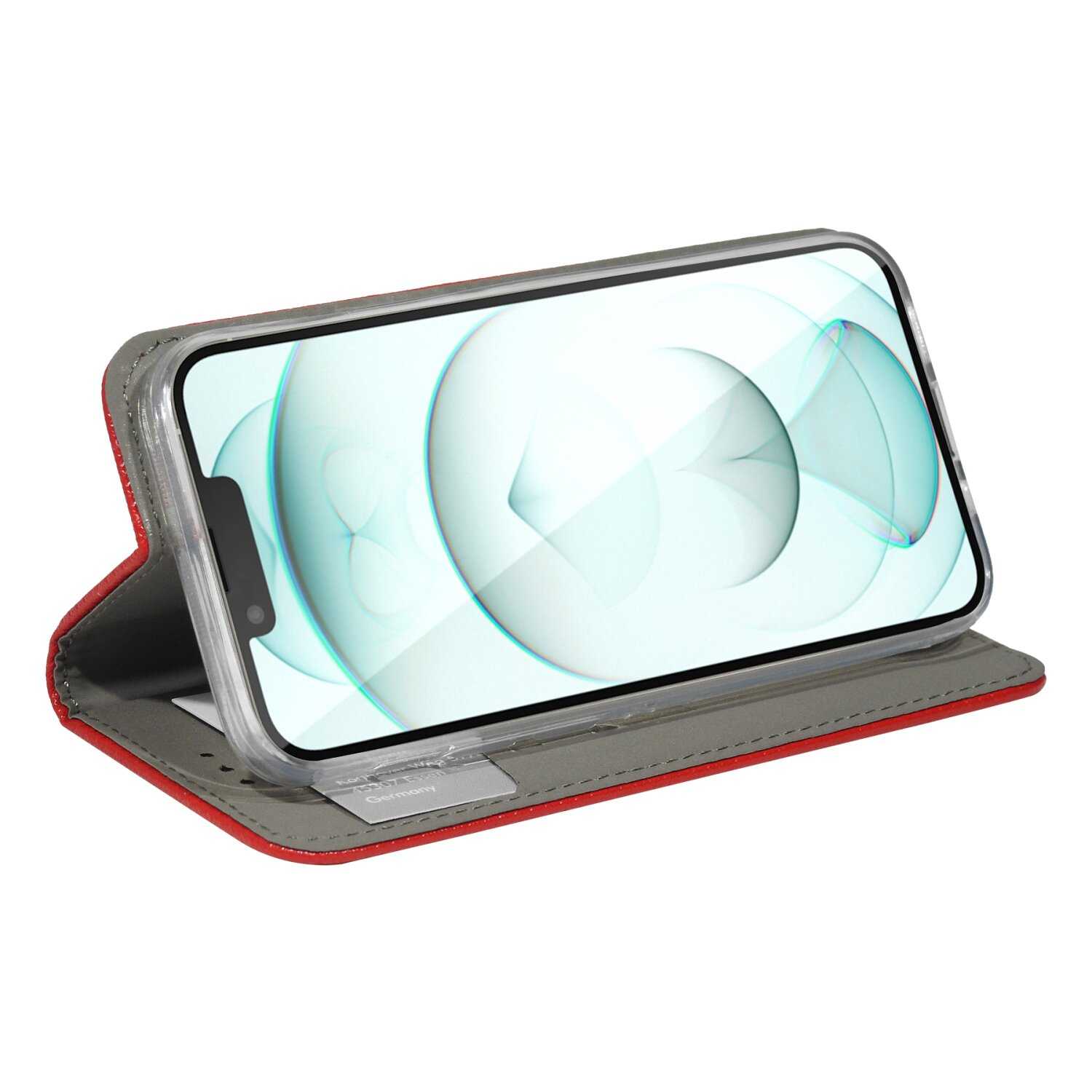 Ein Telefon in einer roten Brieftasche. Der Bildschirm zeigt ein verschwommenes Bild. Grau und Rot sind sichtbar.