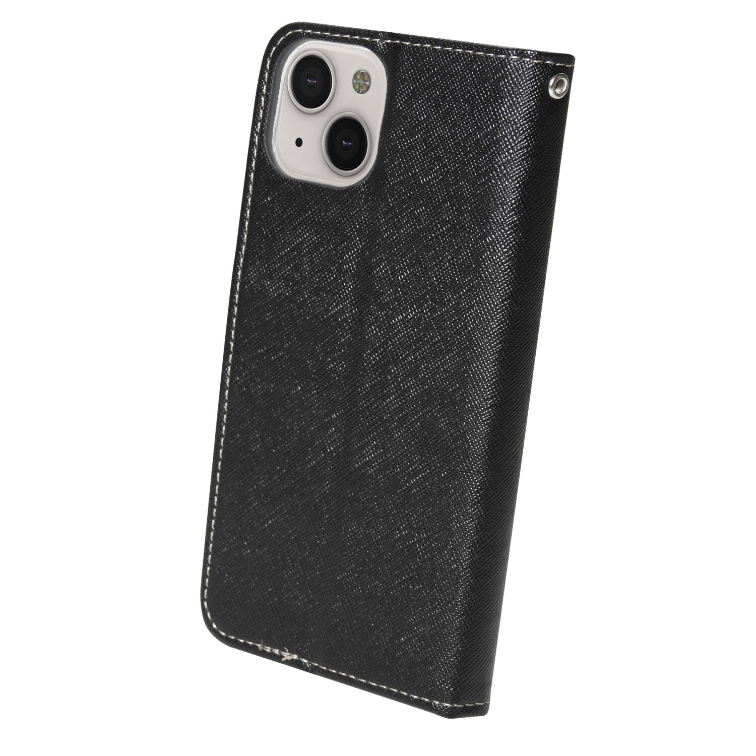 Schwarze Handyhülle. Das Telefon hat drei Kameras. Weiße Nähte um die Ränder.