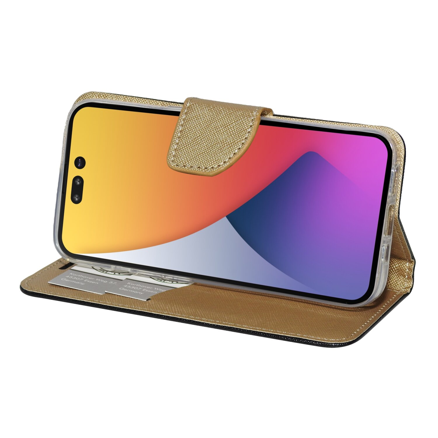 Eine goldene Handyhülle mit einem Telefon darin. Der Bildschirm zeigt ein Bild. Die Hülle ist offen.