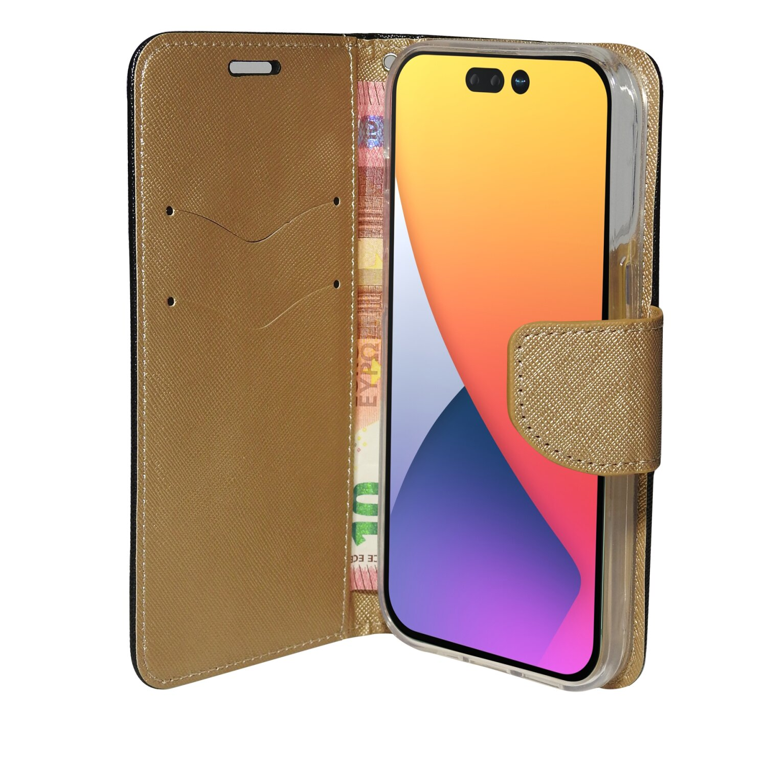 Goldene Handyhülle geöffnet mit Handy und Geld im Portemonnaie.