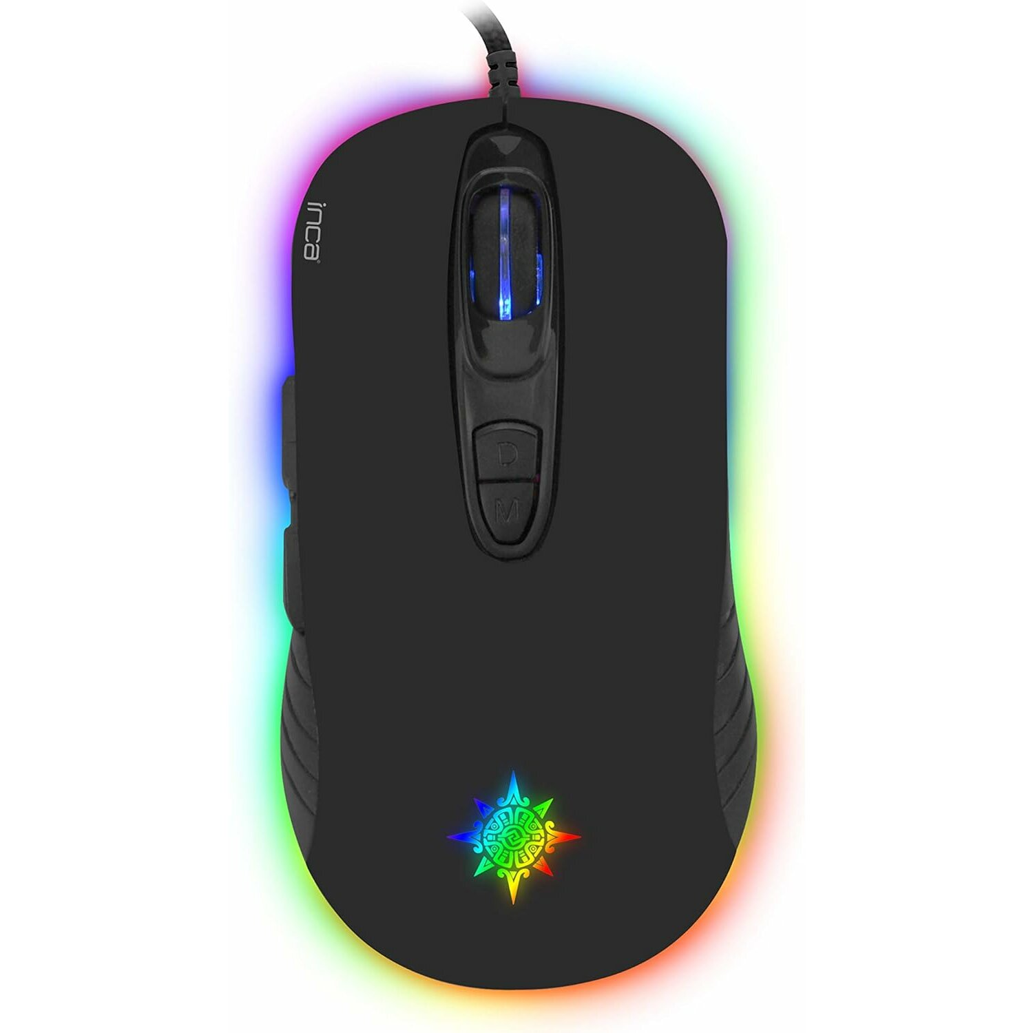 Schwarze Inca Gaming-Maus mit farbenfroher RGB-Beleuchtung. Hat Knöpfe an der Seite.