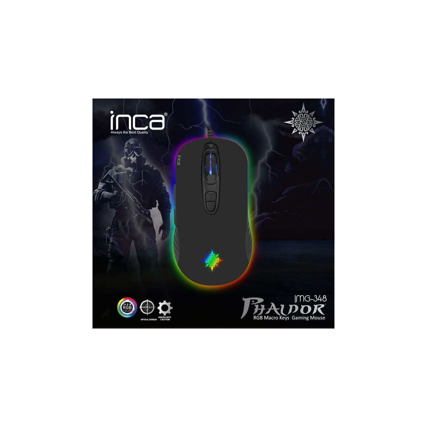 Schwarze Gaming-Maus mit RGB, Marke Inca und Modell IMG-348.
