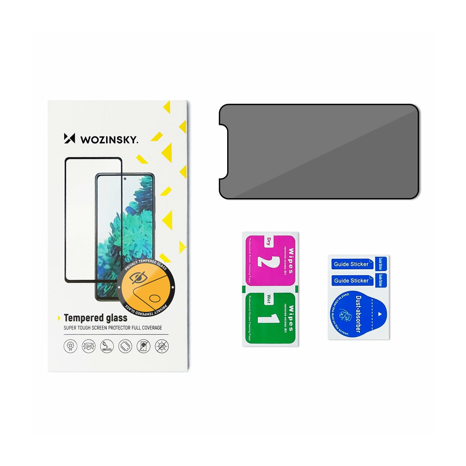 Ein Displayschutz-Kit für ein Telefon. Enthält den Schutz, Tücher und Aufkleber. Der Schutz ist grau.