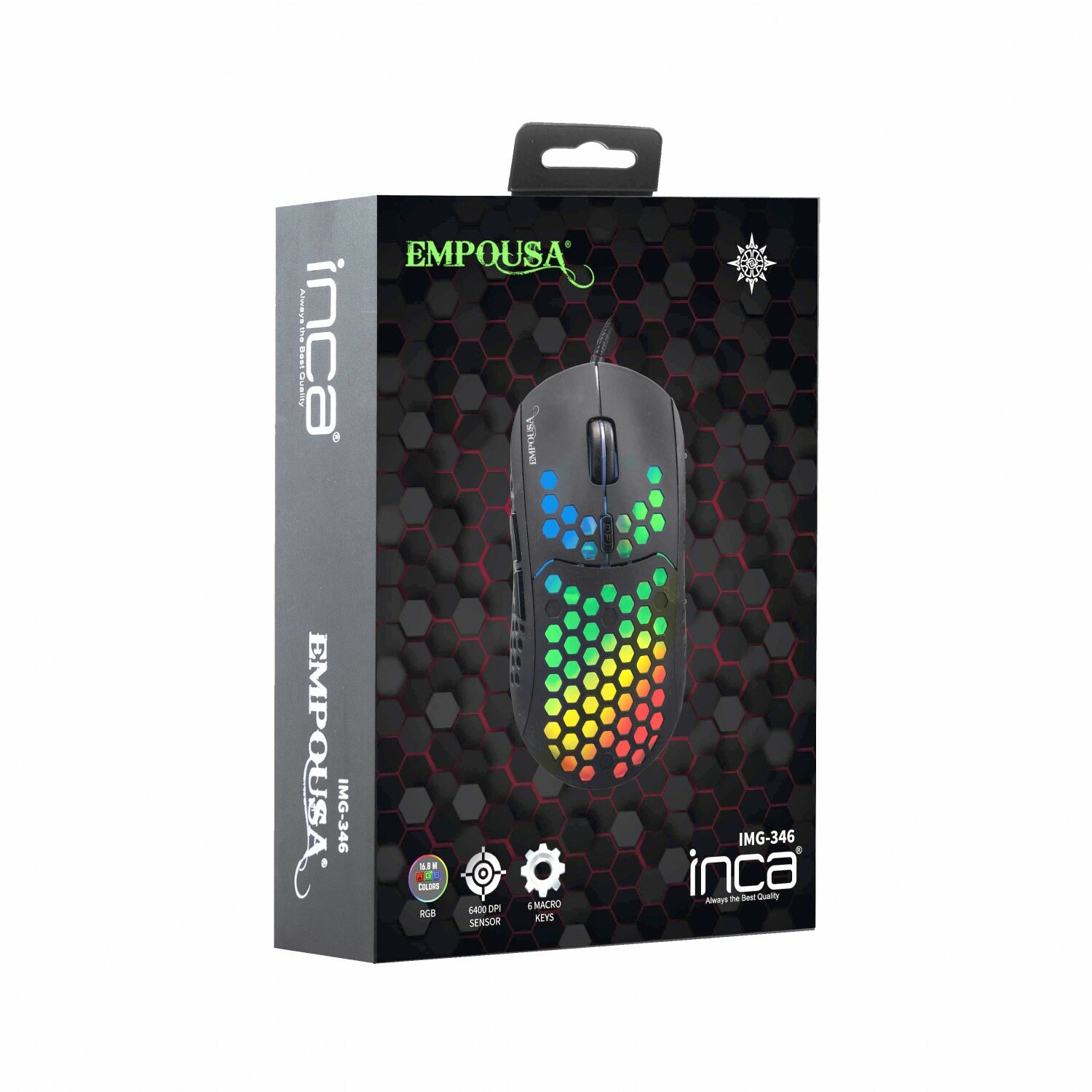 Schwarze Gaming-Maus in der Verpackung. Box zeigt Maus und Features wie RGB, DPI und Makrotasten.