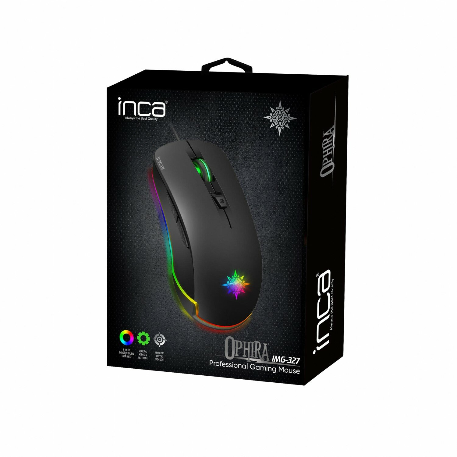 Eine schwarze Gaming-Maus mit Regenbogenbeleuchtung in einer Box mit Inca- und OPHIRA-Markenlogo. Weißer Hintergrund.