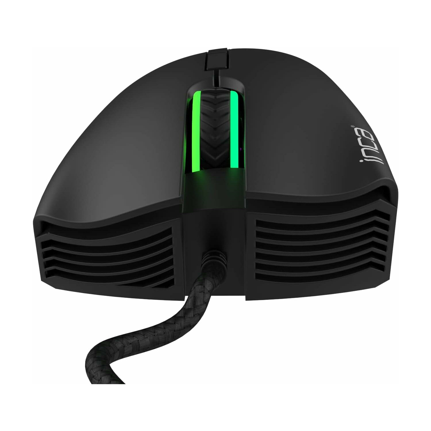 Schwarze Computermaus mit grünen und limettengrünen Akzenten, geflochtenem Kabel und der Marke Inca.