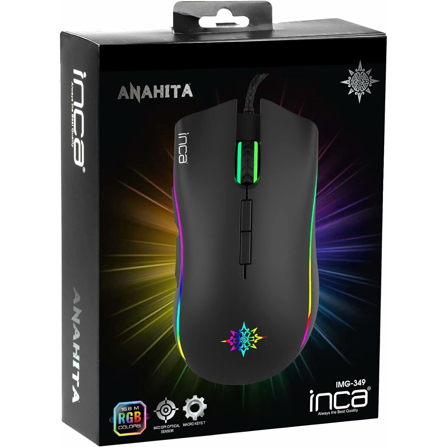 Schwarze Gaming-Maus mit RGB-Farben in einer Box. Die Maus hat ein Logo und mehrere Tasten.