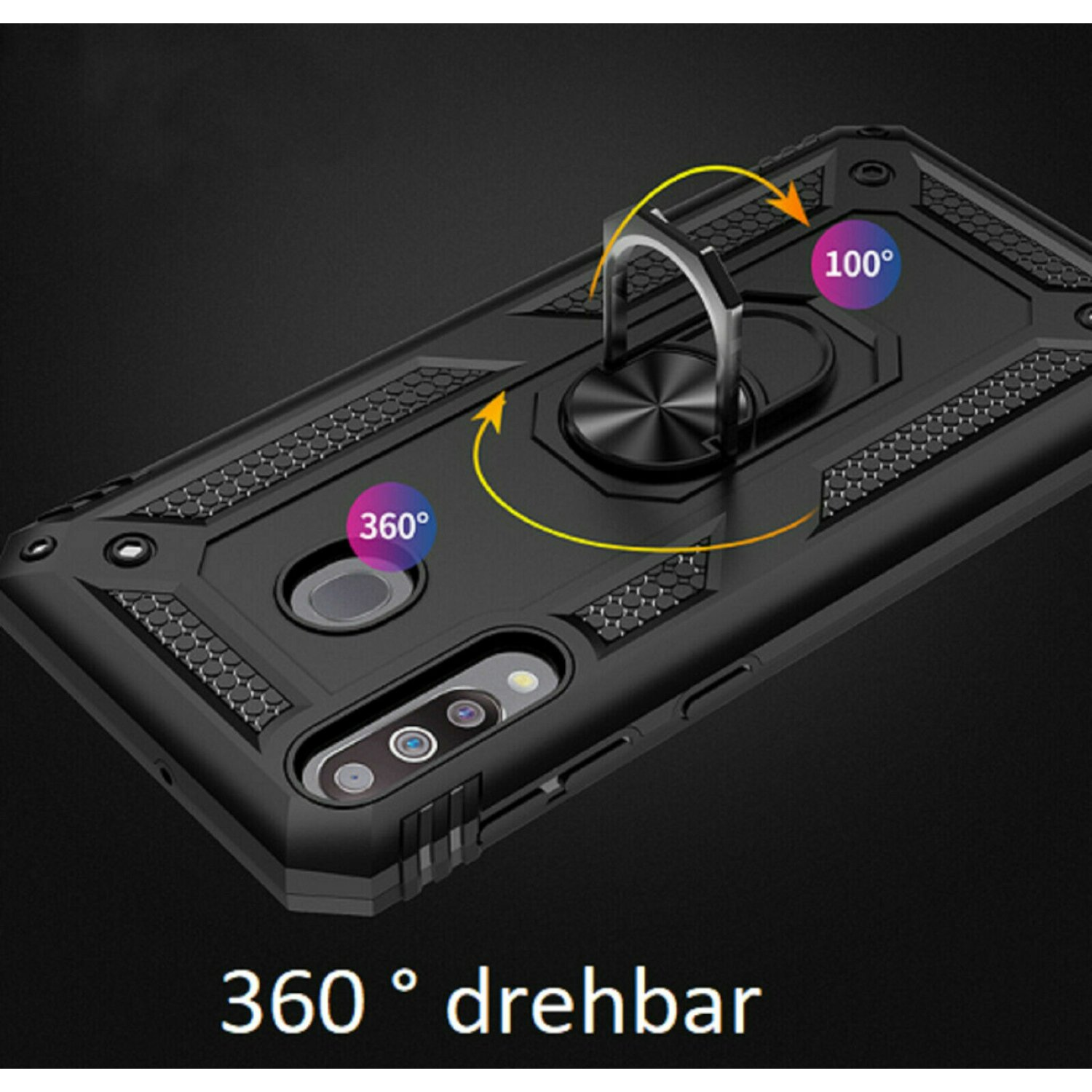 Schwarze Handyhülle mit Ringhalterung. Der Ringhalter dreht sich um 360 und 100 Grad. Sechseckmuster.