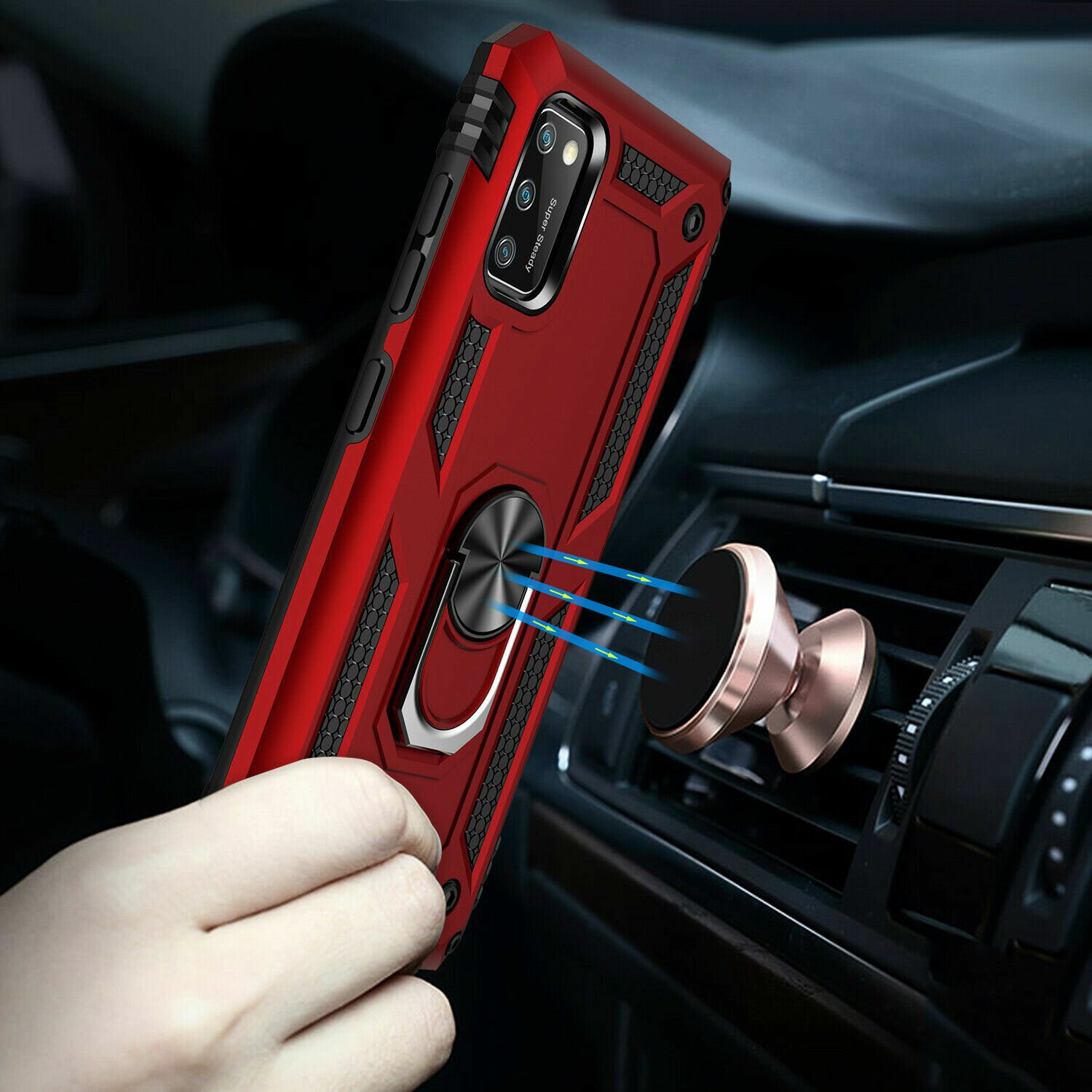 Rote Handyhülle mit Ringhalter, an magnetischer Lüftungshalterung befestigt. Auto-Innenraum.