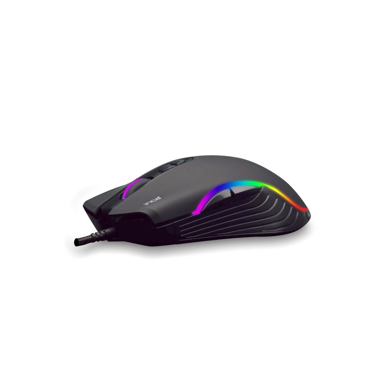 Schwarze Gaming-Maus mit RGB-Beleuchtung an der Seite. Sie hat ein schlankes Design und ein Kabel.