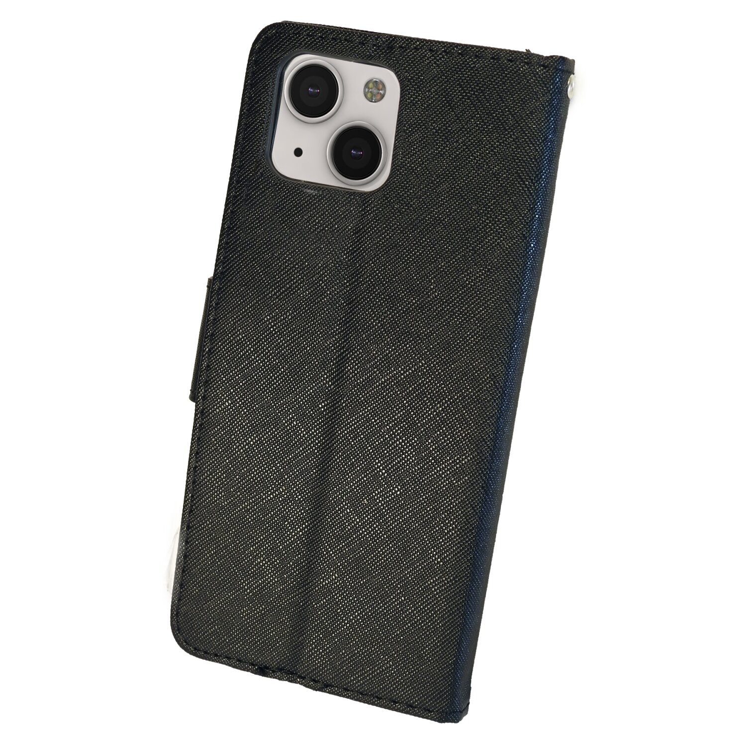 Schwarze Handyhülle mit einem Handy darin. Das Handy hat zwei Kameras und einen Blitz.