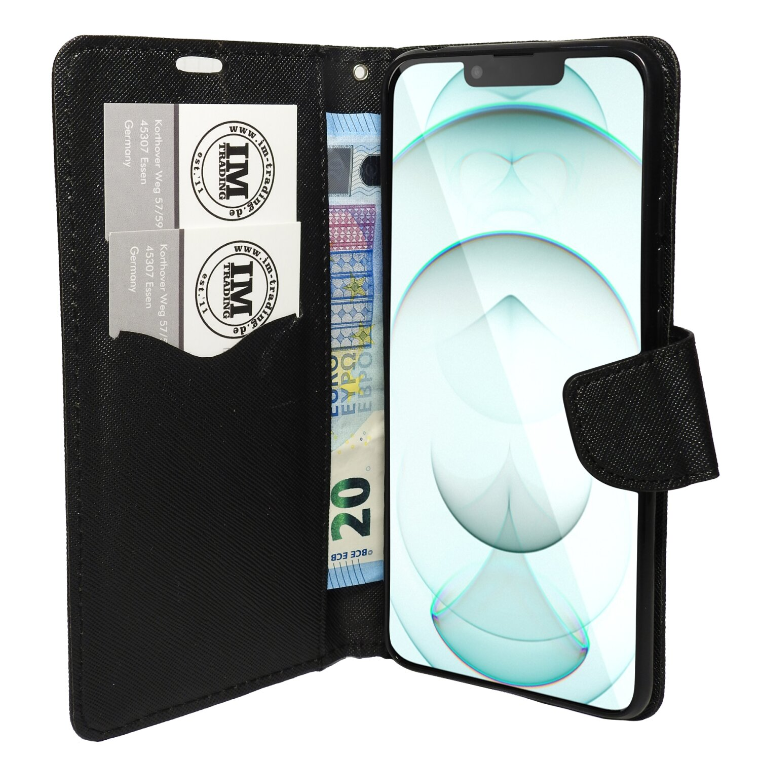 Eine schwarze Handyhülle mit einem Telefon darin und Karten und Geld in den Schlitzen.