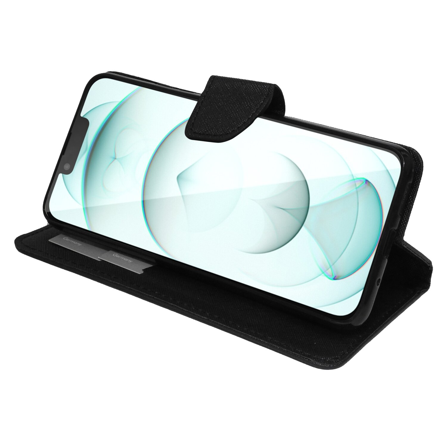 Geöffnete schwarze Handyhülle mit Telefon darin. Schwarzer Lederbezug mit Magnetverschluss.
