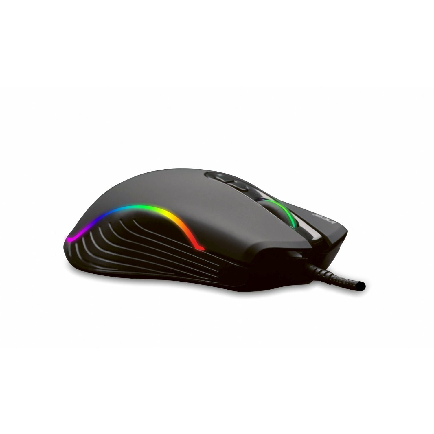 Schwarze Gaming-Maus mit RGB-Beleuchtung an den Kanten.