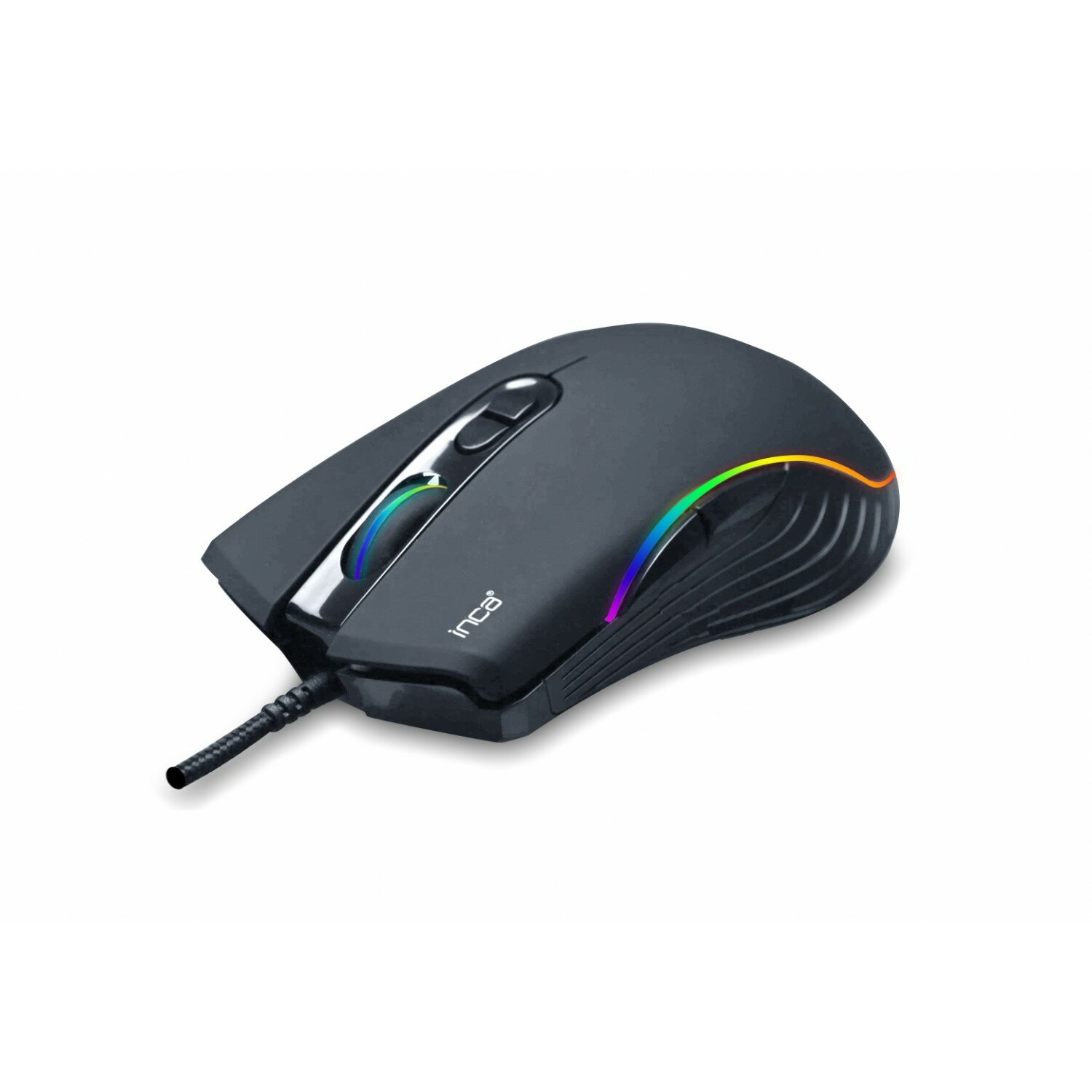Eine schwarze Incan-Maus mit farbigem Lichtstreifen und schwarzem Kabel.