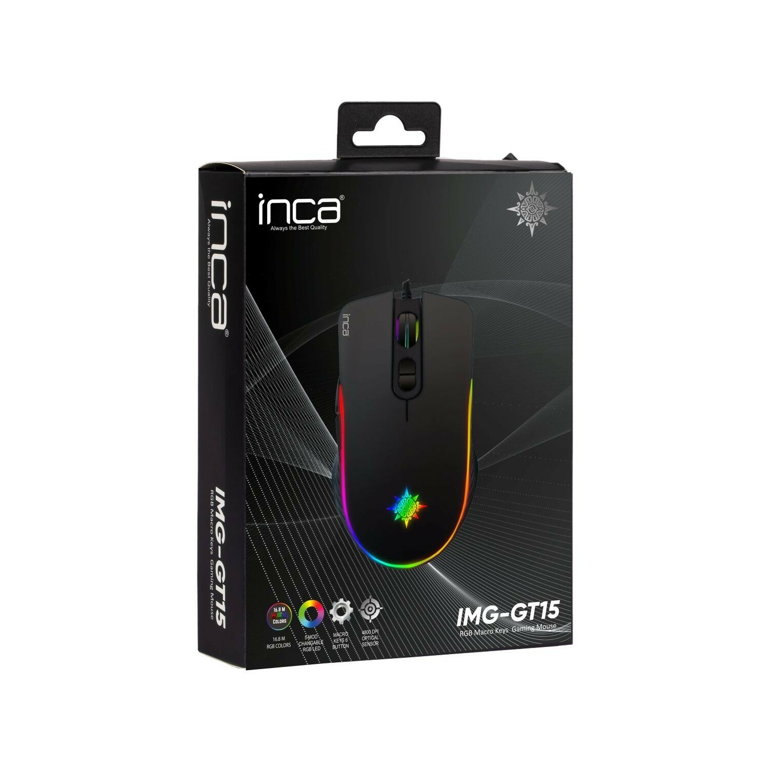 Schwarze Gaming-Maus in einer Box mit farbenfroher RGB-Beleuchtung und 'inca'-Markenlogo.