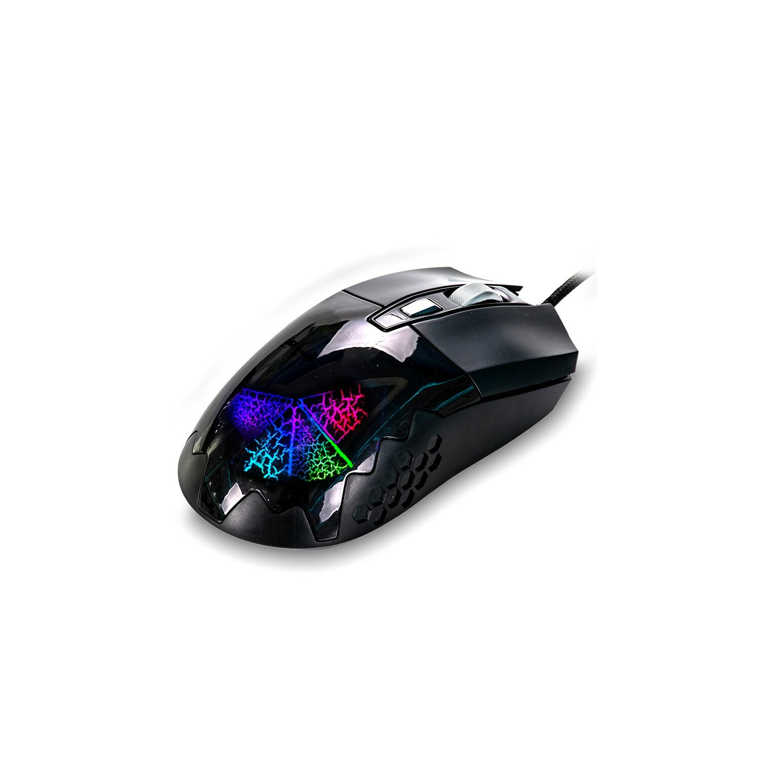 Schwarze Gaming-Maus mit RGB-Beleuchtung, auf weißer Oberfläche.