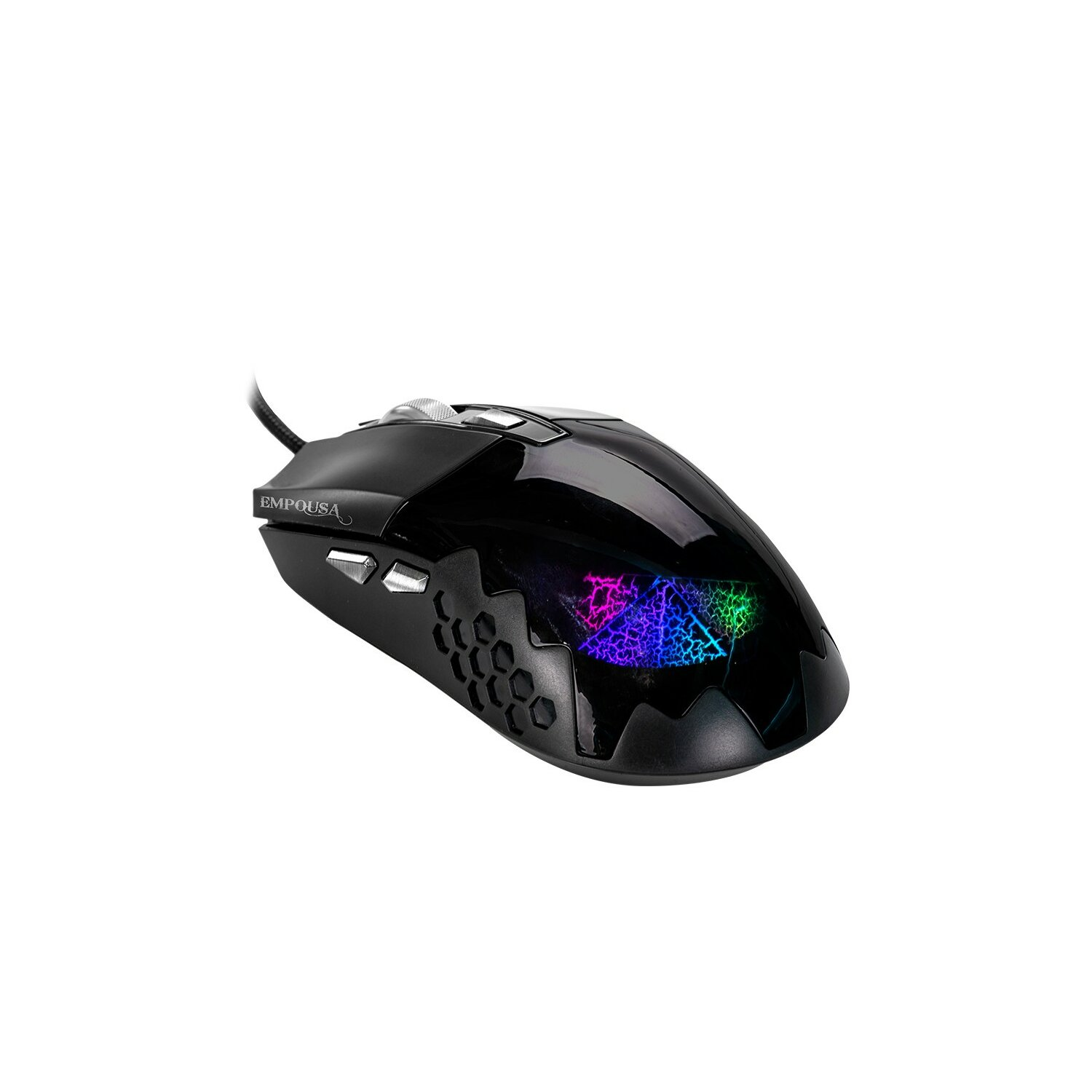 Schwarze Gaming-Maus mit bunten Lichtern und Kabel. Silberne Knöpfe an der Seite.