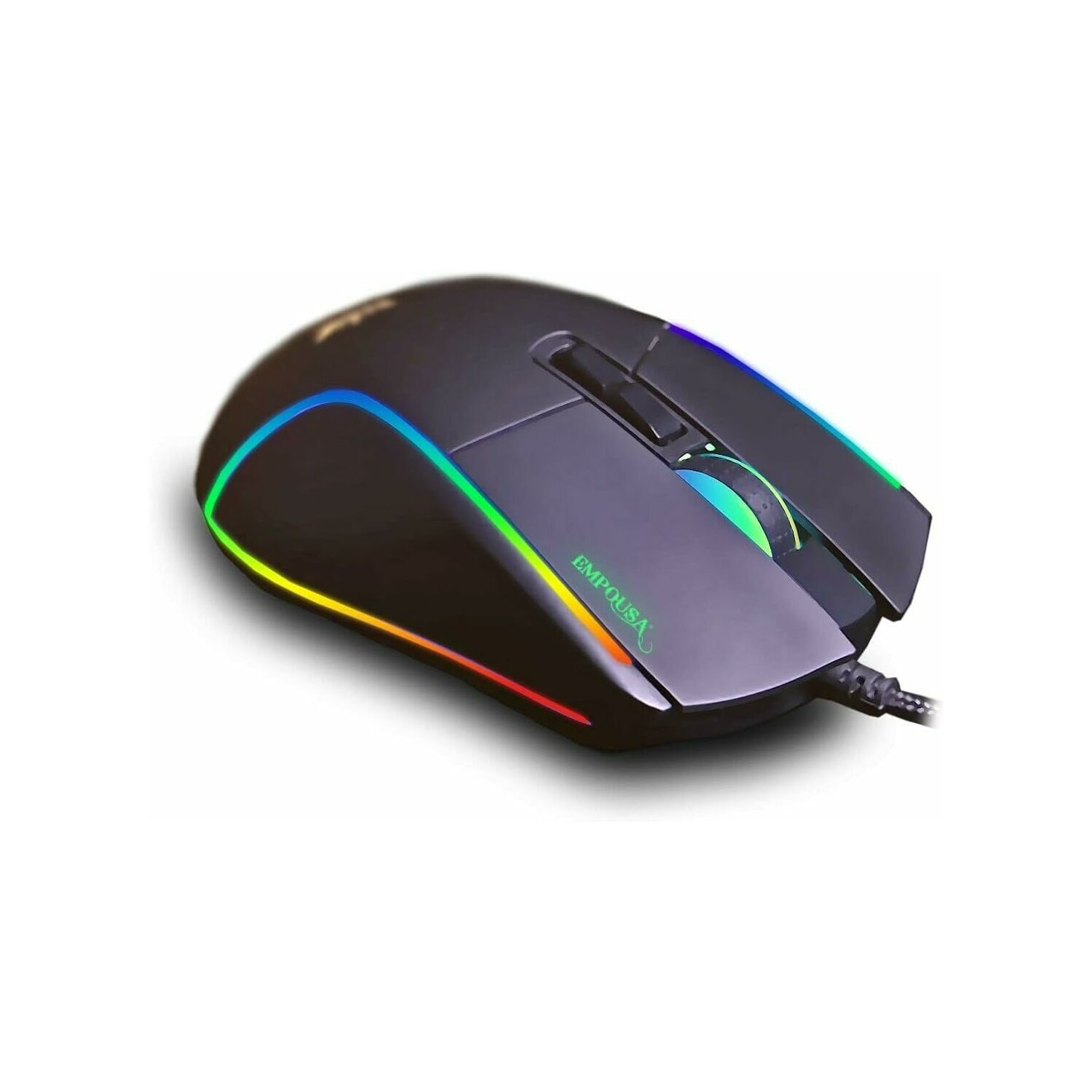 Schwarze Gaming-Maus mit RGB-Beleuchtung. Sie hat zwei Tasten an der Seite und ein Scrollrad. Weißer Hintergrund.