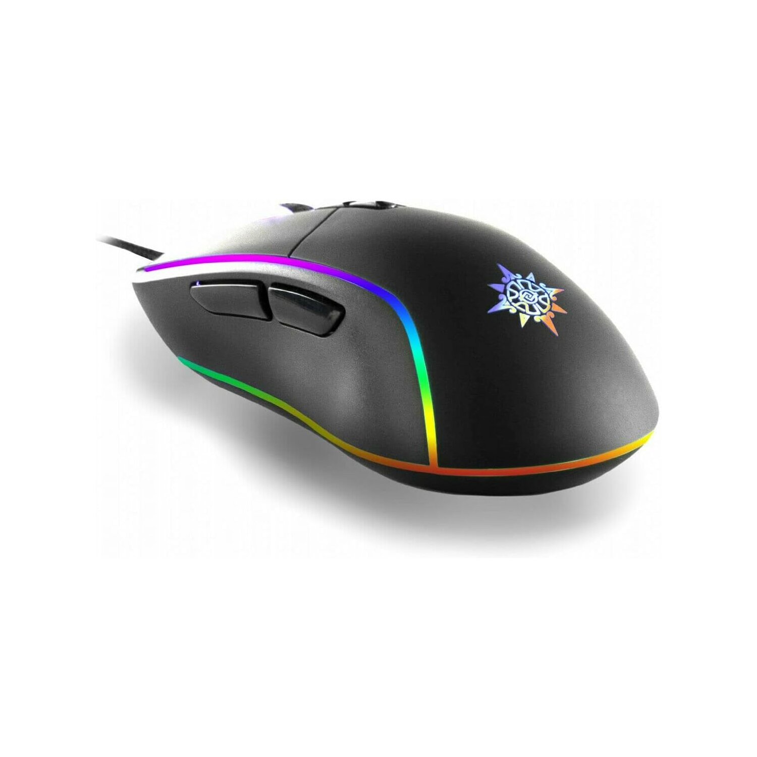 Schwarze Gaming-Maus mit RGB-Beleuchtung und Logo. Die Maus hat Seitentasten.