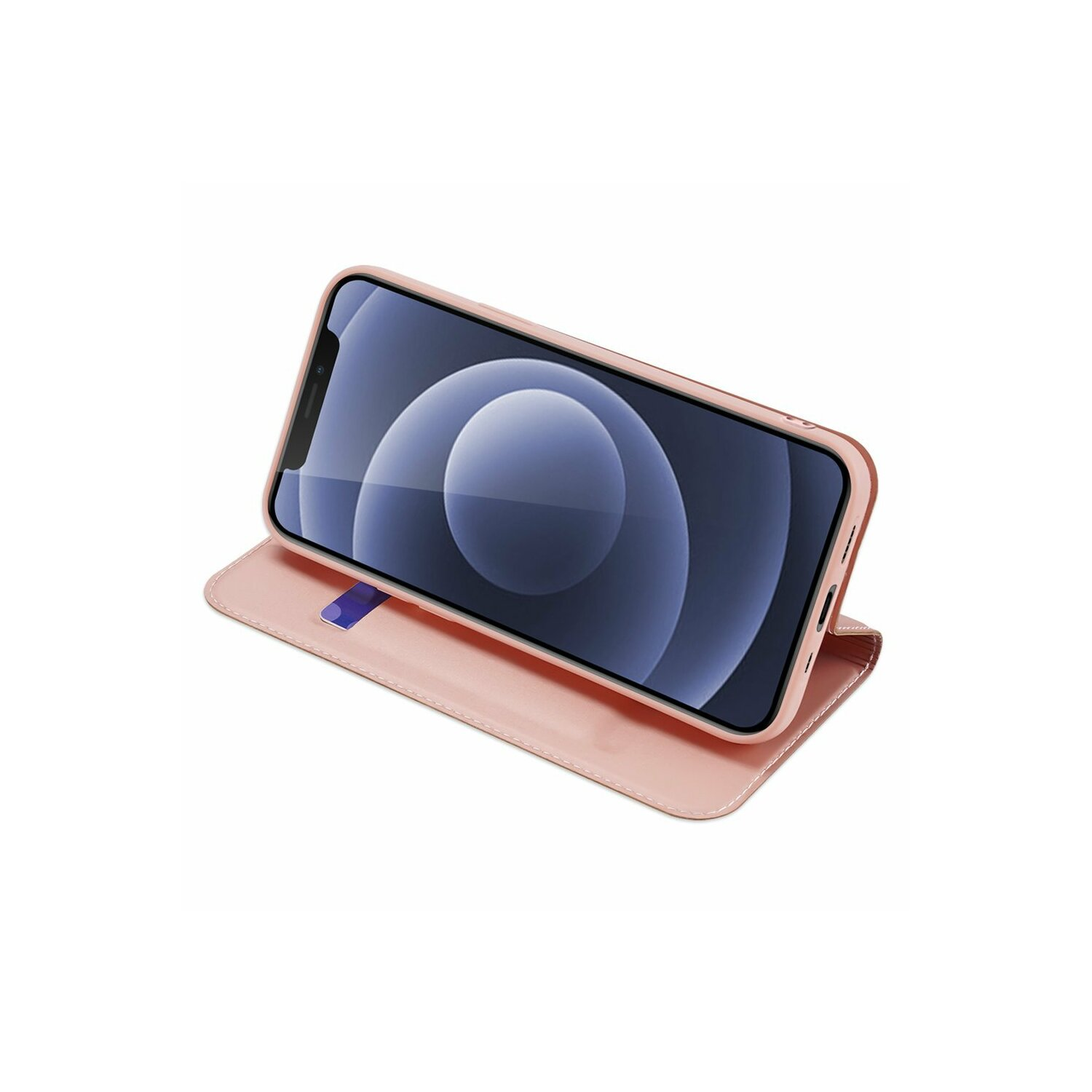 Rosa Handyhülle mit einem Telefon darin. Die Hülle ist offen und der Bildschirm zeigt zum Betrachter.