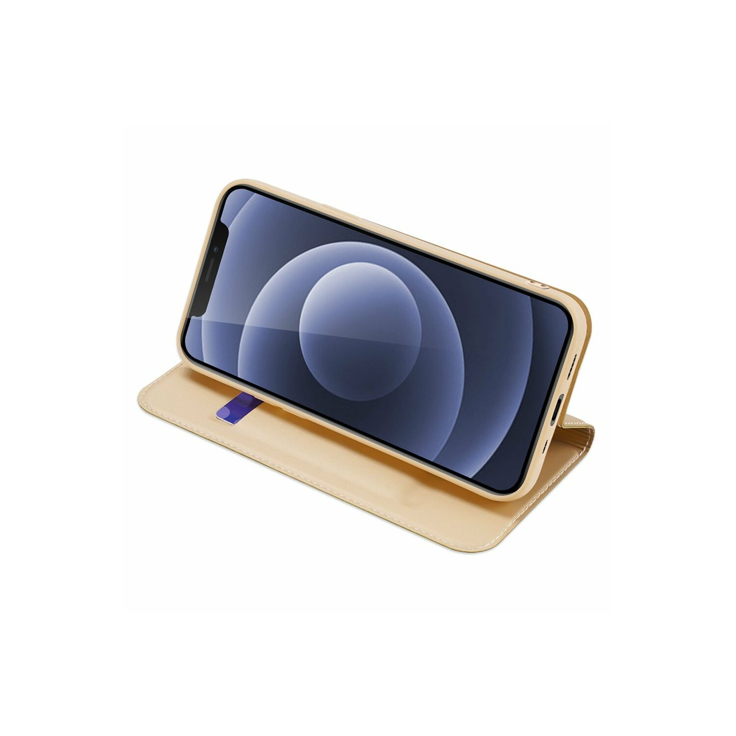 Goldenes Telefon in beigefarbener Lederhülle. Der Telefonbildschirm ist sichtbar.