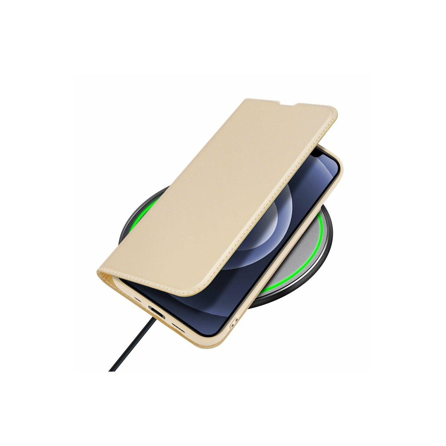 Beiges Handycase auf einem kabellosen Ladegerät. Das Handycase ist offen.