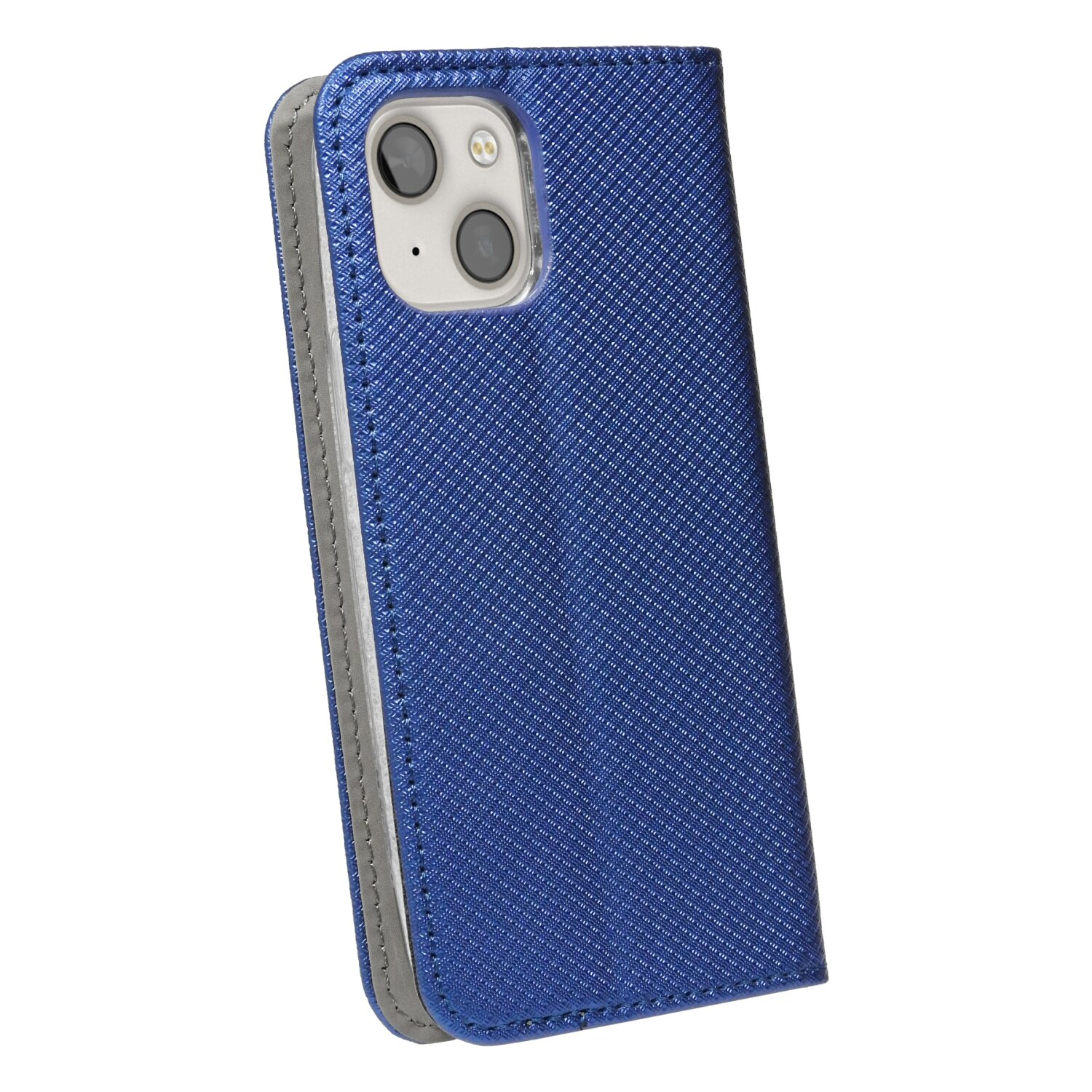 Eine blaue Handyhülle, geschlossen. Die Hülle hat ein strukturiertes Muster, und ein Telefon ist sichtbar.