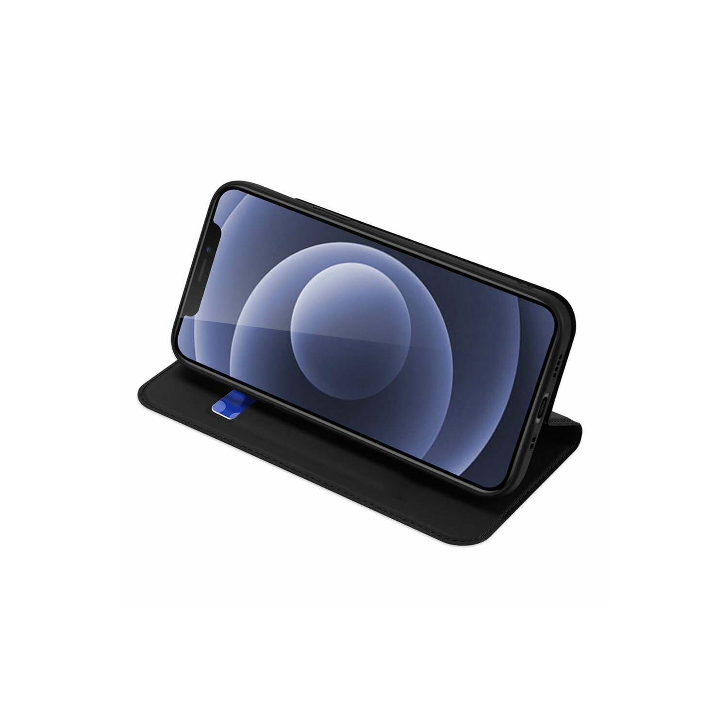 Eine schwarze Handyhülle ist geöffnet und hält ein Telefon. Der Telefonbildschirm zeigt ein blau-weißes Farbverlaufsdesign.