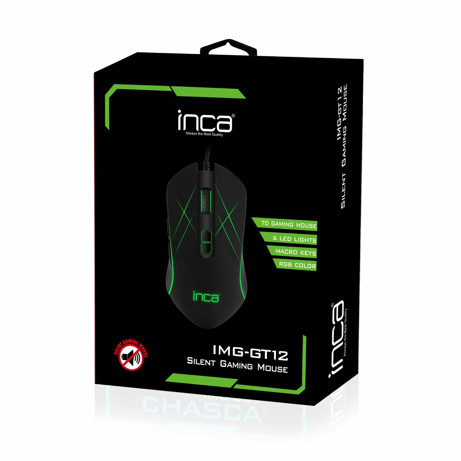 Eine schwarze und grüne Inca Gaming-Maus in einer Box, mit Text auf der Box: Silent Gaming Mouse, 7D, 6 LED, RGB.