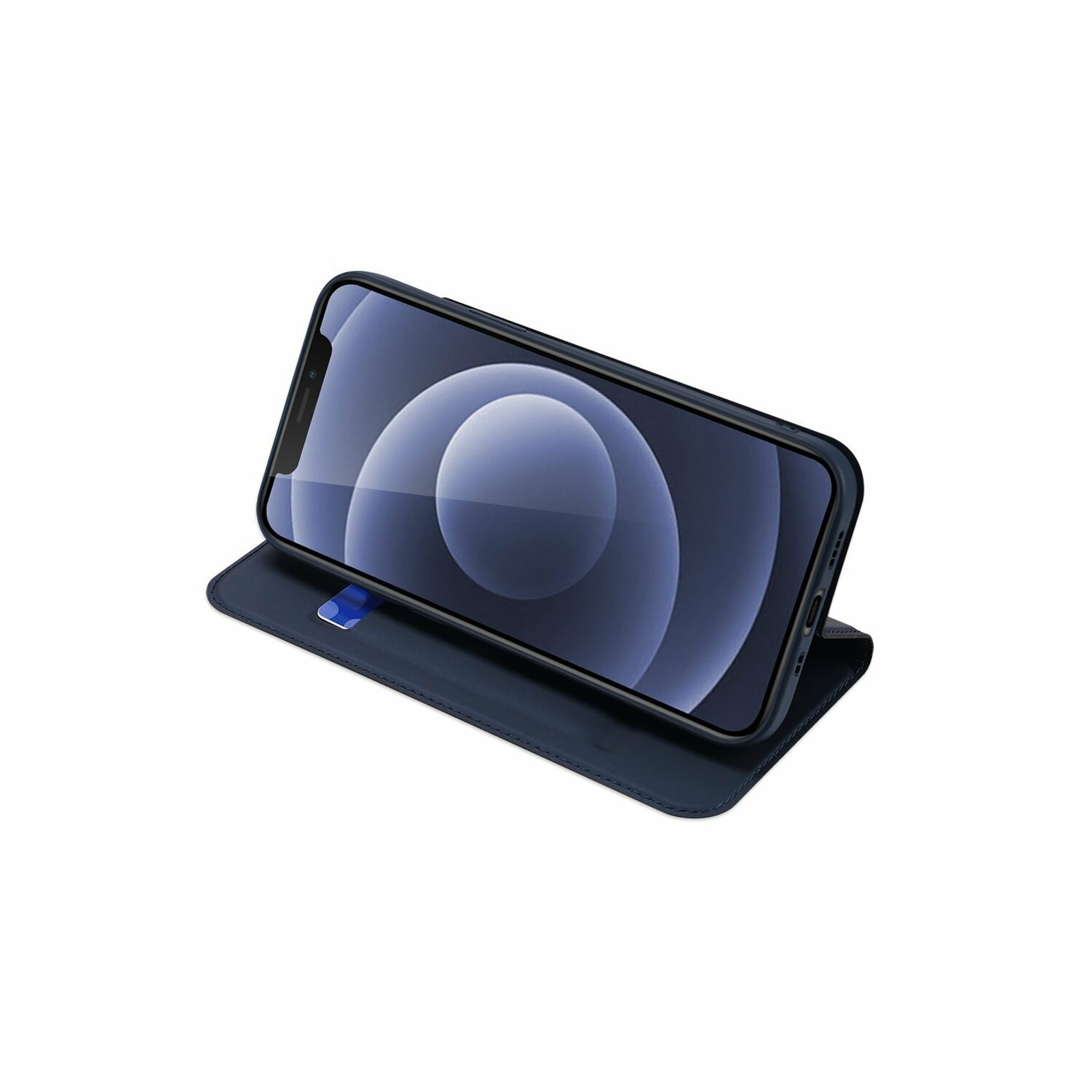 Eine blaue Handyhülle mit einem Handy darin, auf einer weißen Oberfläche aufgeklappt.