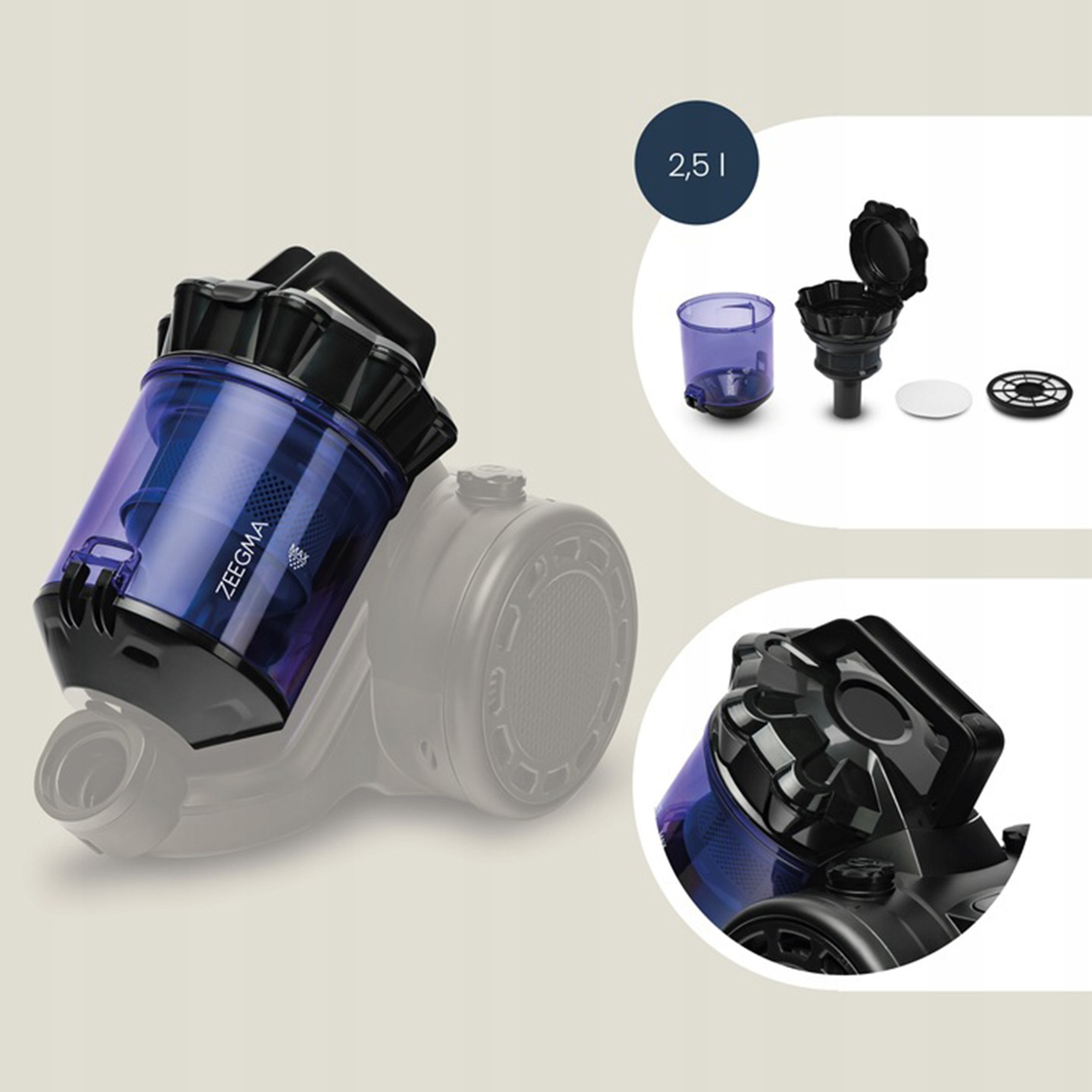 Części odkurzacza: pojemnik na kurz i akcesoria. Niebieskie i czarne części są w centrum uwagi.