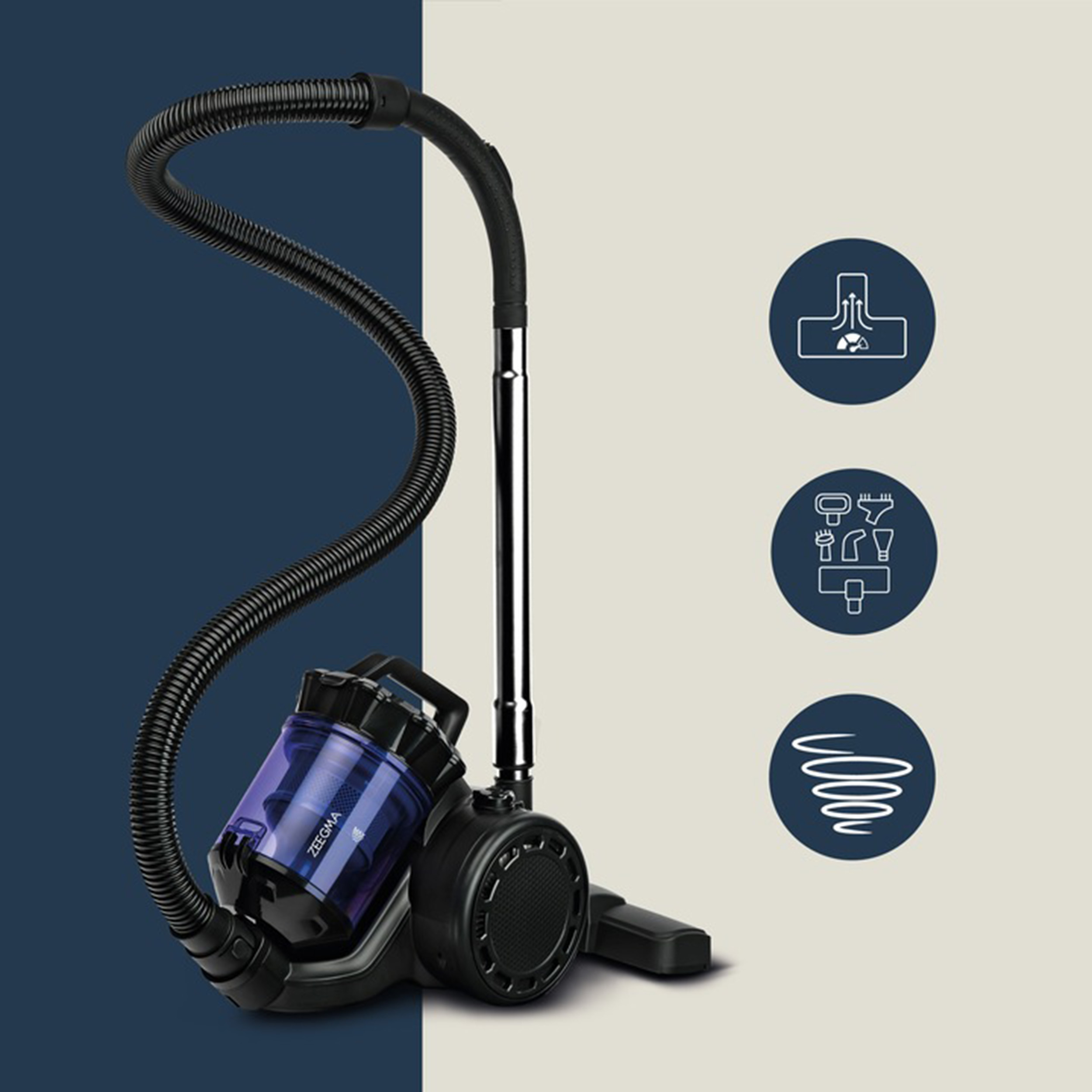 Czarny odkurzacz z wężem, niebiesko-białe tło z ikonami. Trzy ikony po prawej stronie.