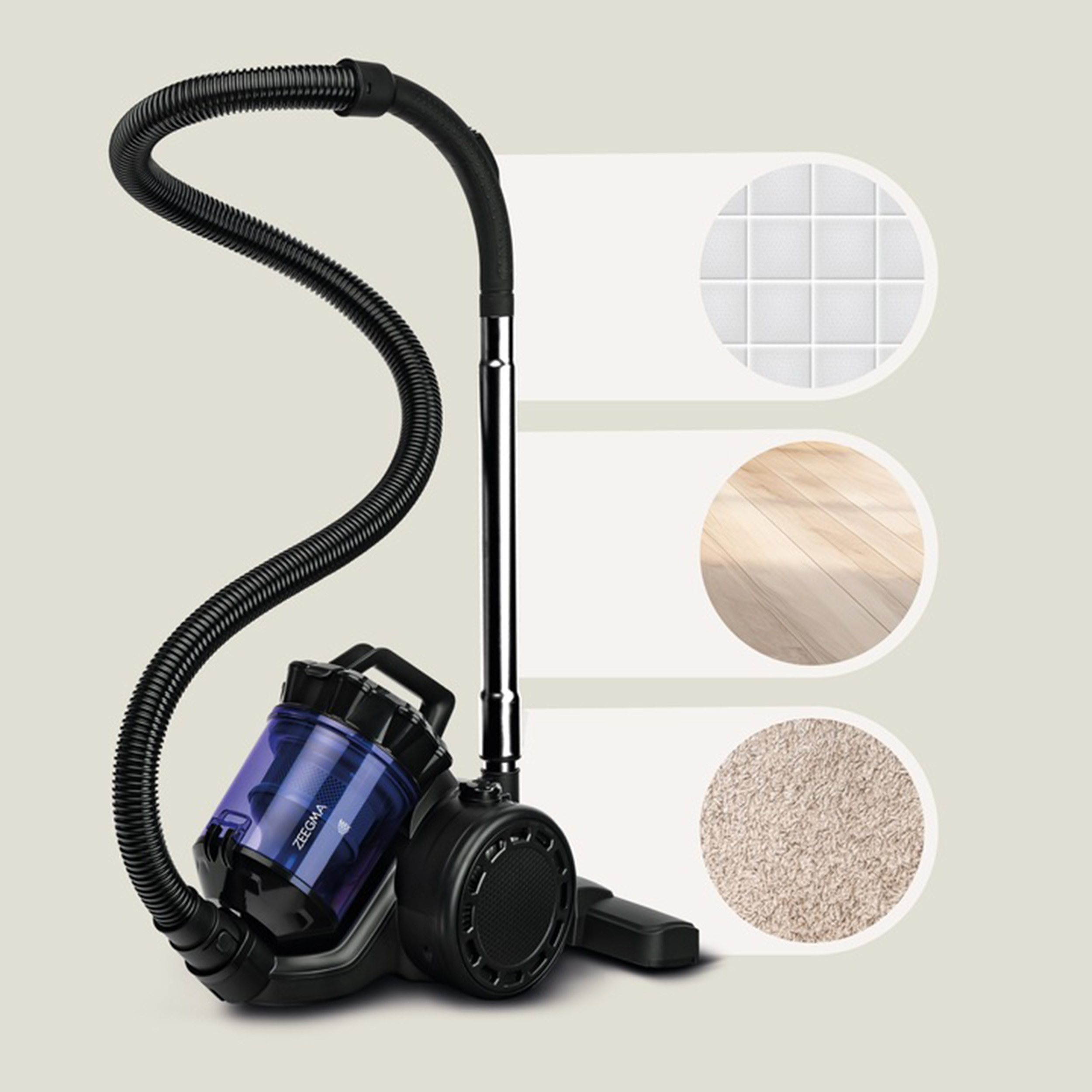 Czarny i niebieski odkurzacz z wężem. Obrazek pokazuje odkurzacz na różnych teksturach.