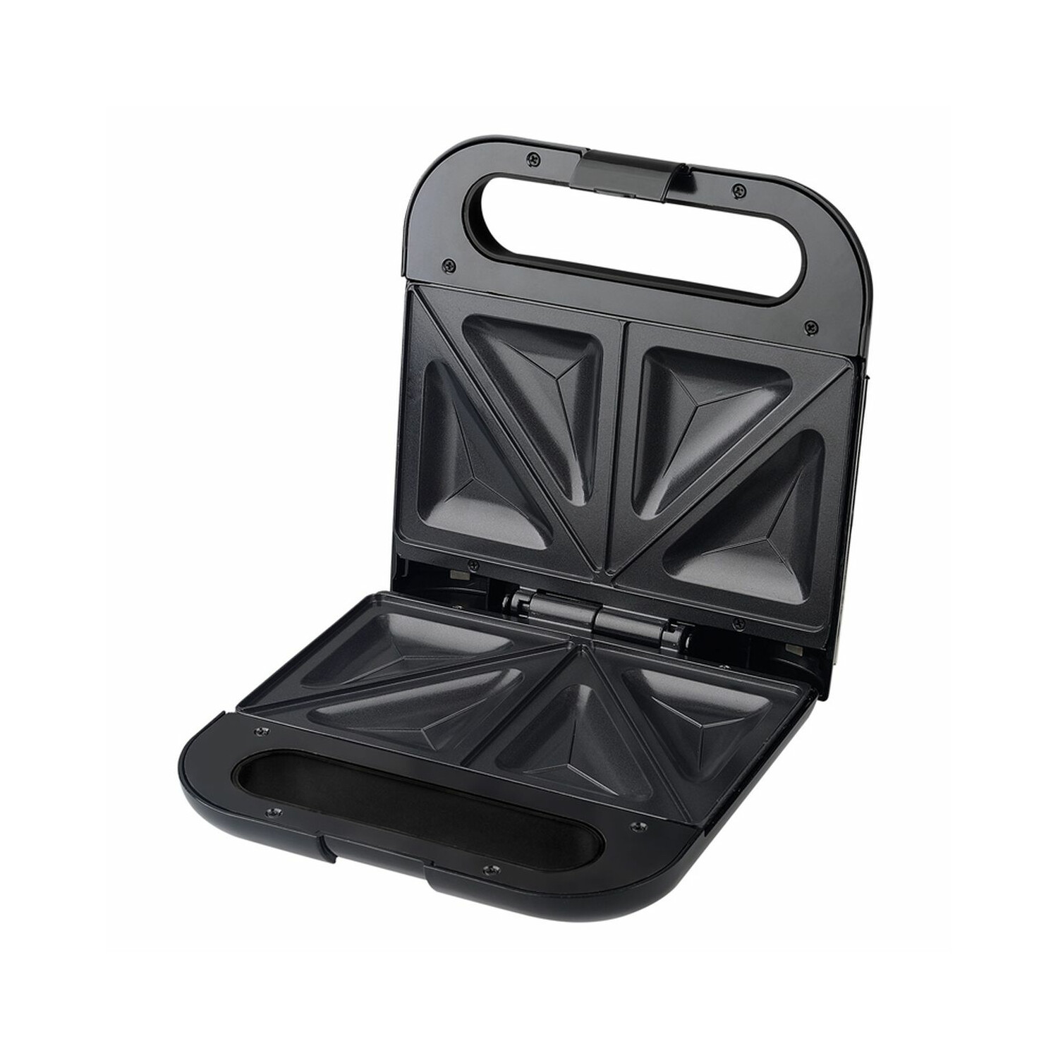 Ein schwarzer Sandwichmaker, geöffnet und leer. Es ist ein offener Sandwichmaker.